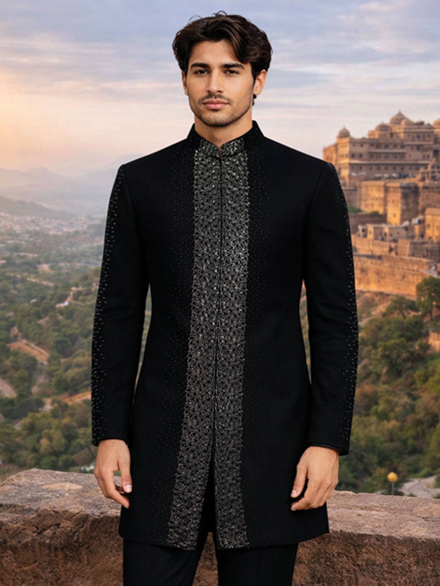 Black Men's Wedding Wear Indo Western Set