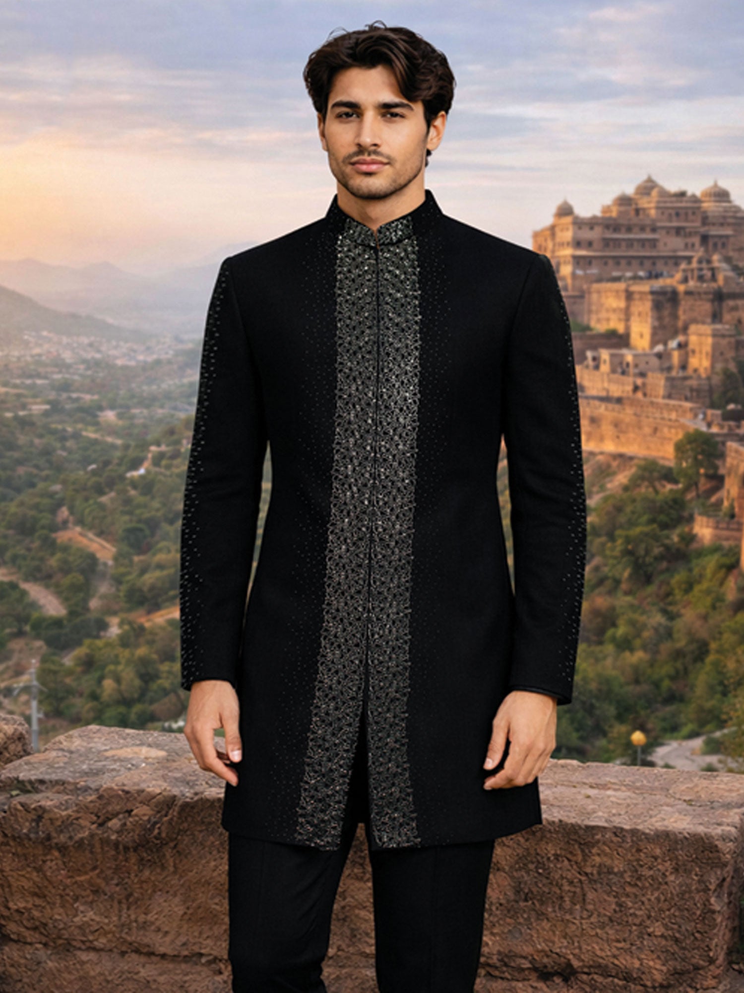Black Men's Wedding Wear Indo Western Set