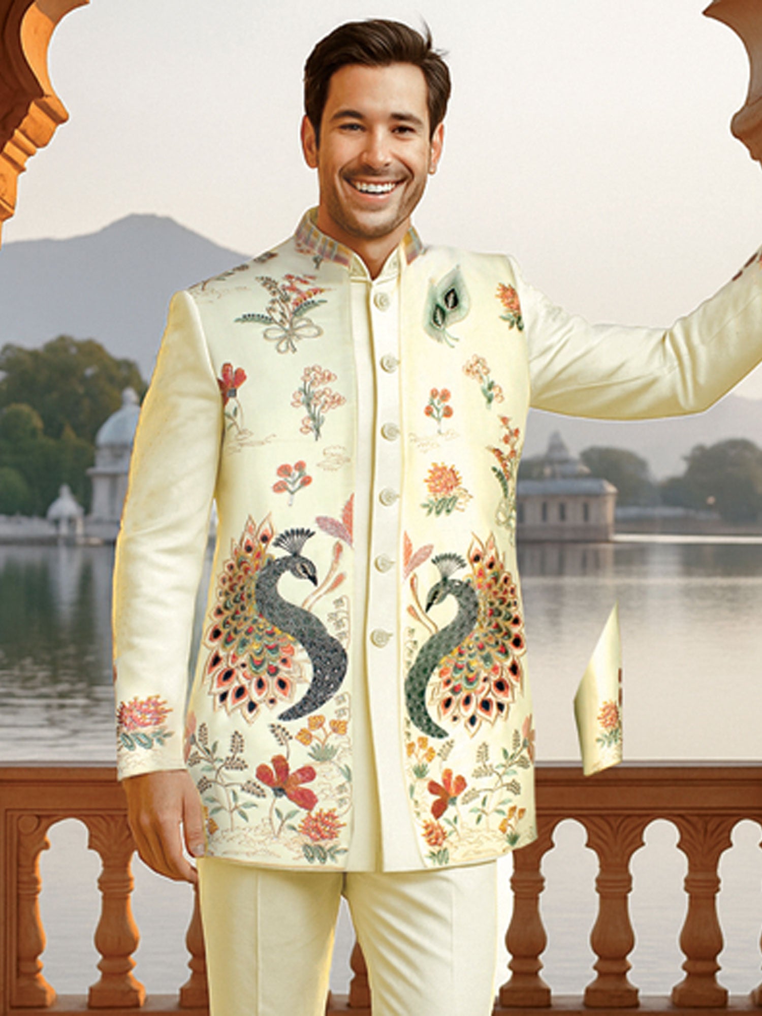 Green Men's Indowestern With Open Jacket