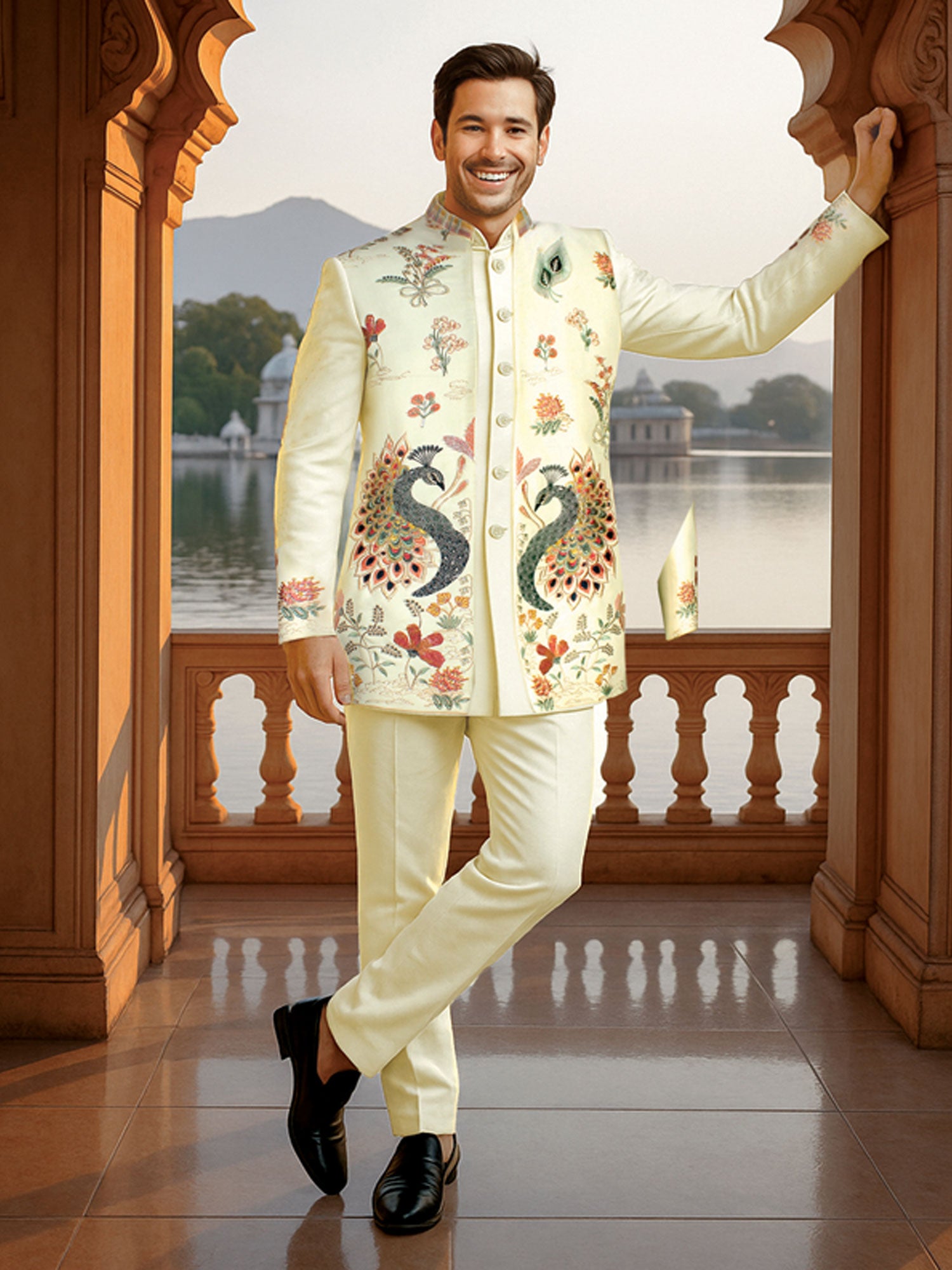 Green Men's Indowestern With Open Jacket
