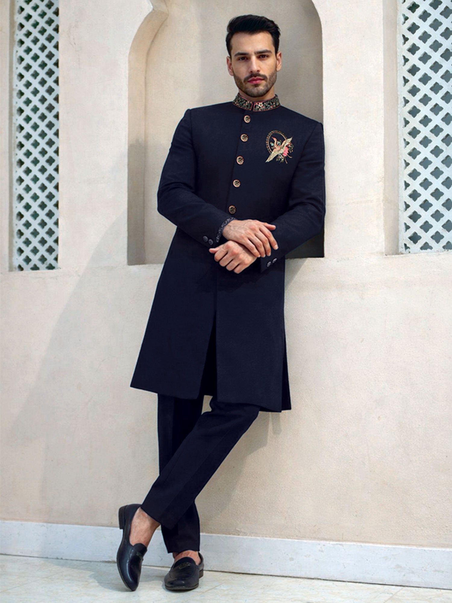 Blue Sequins Work Indowestern Set  For Mens