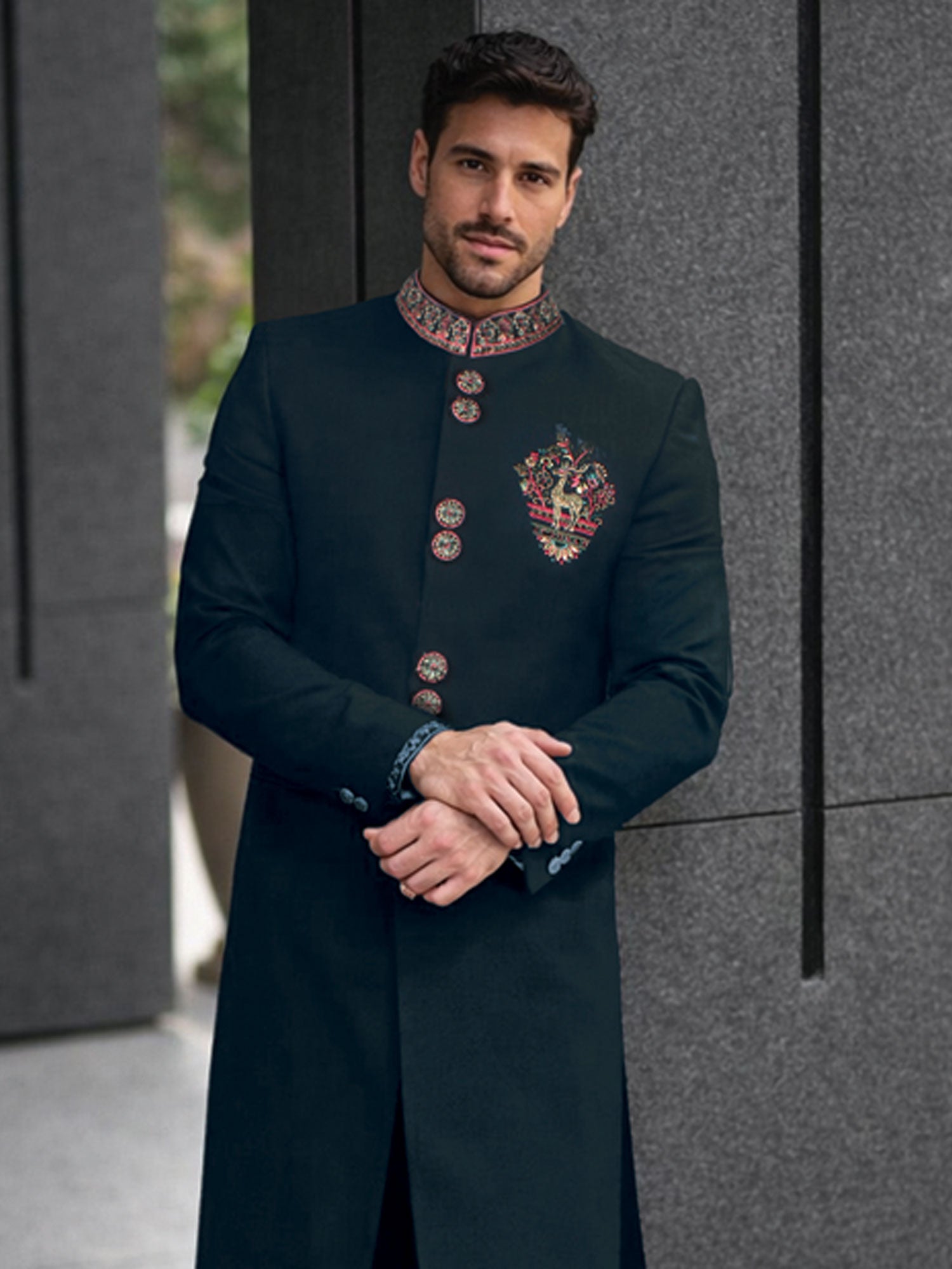 Green Embroidered Wedding Indowestern Set