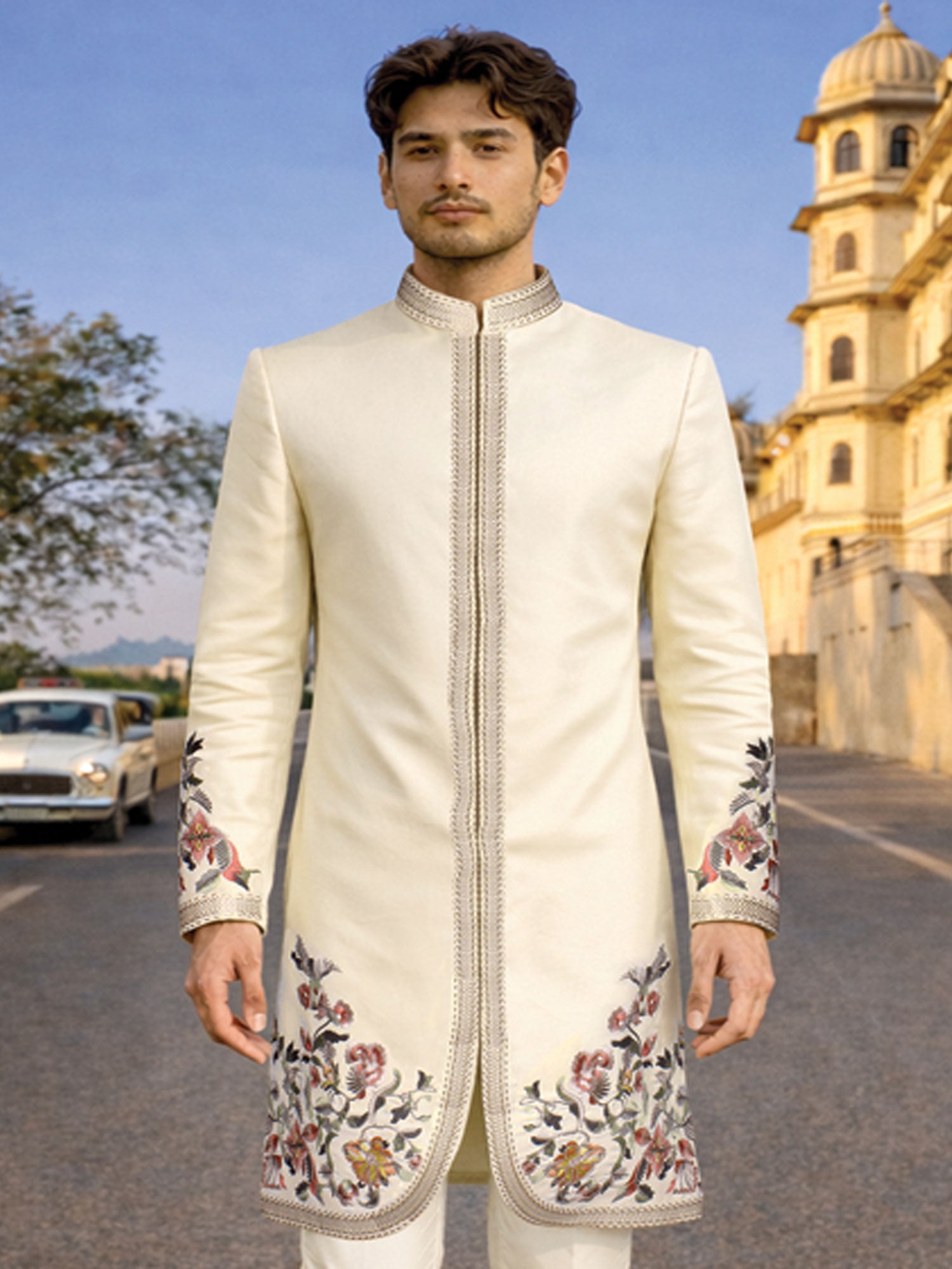 Cream Floral Work Embellished Men's Indowestern