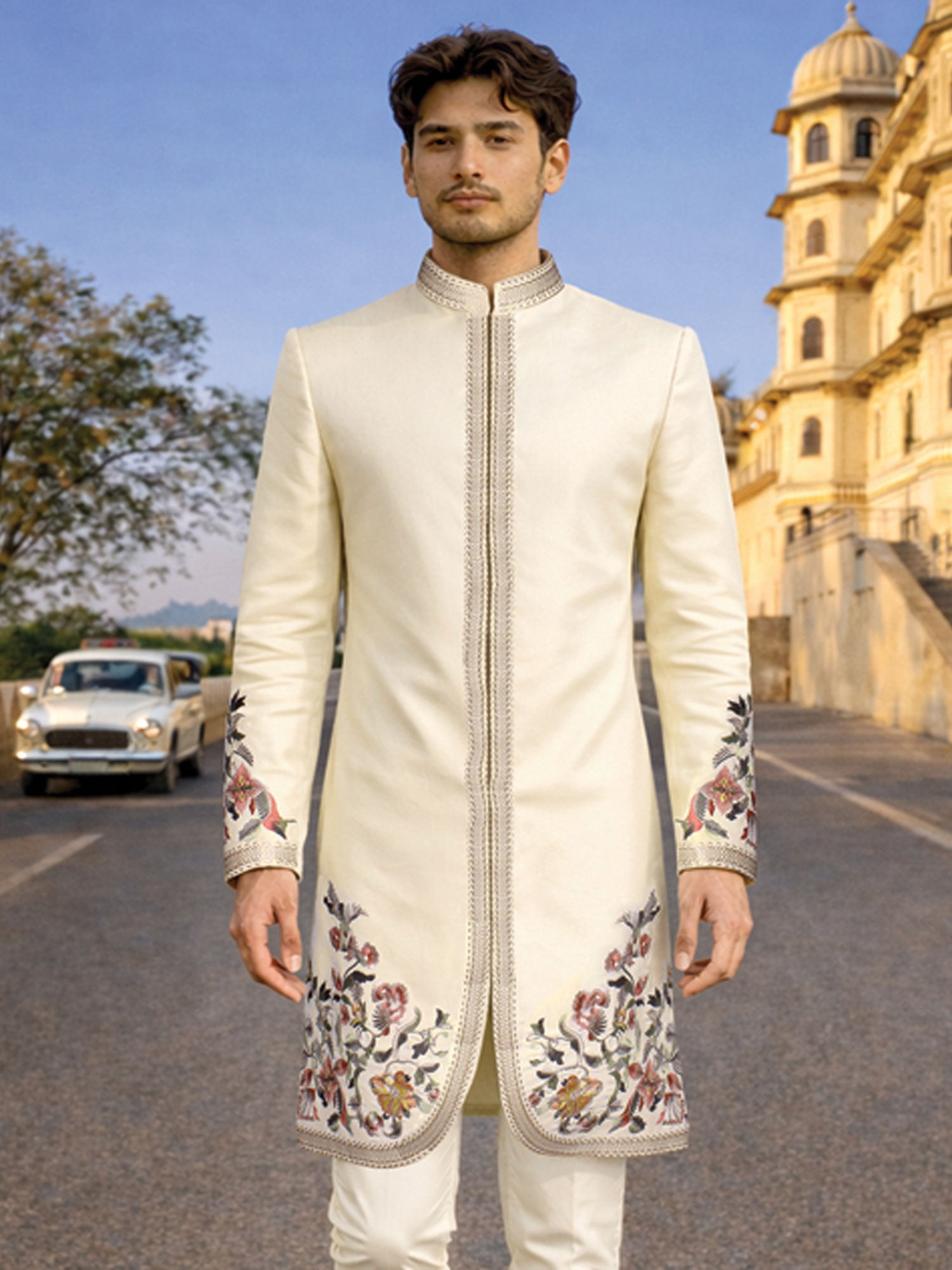 Cream Floral Work Embellished Men's Indowestern