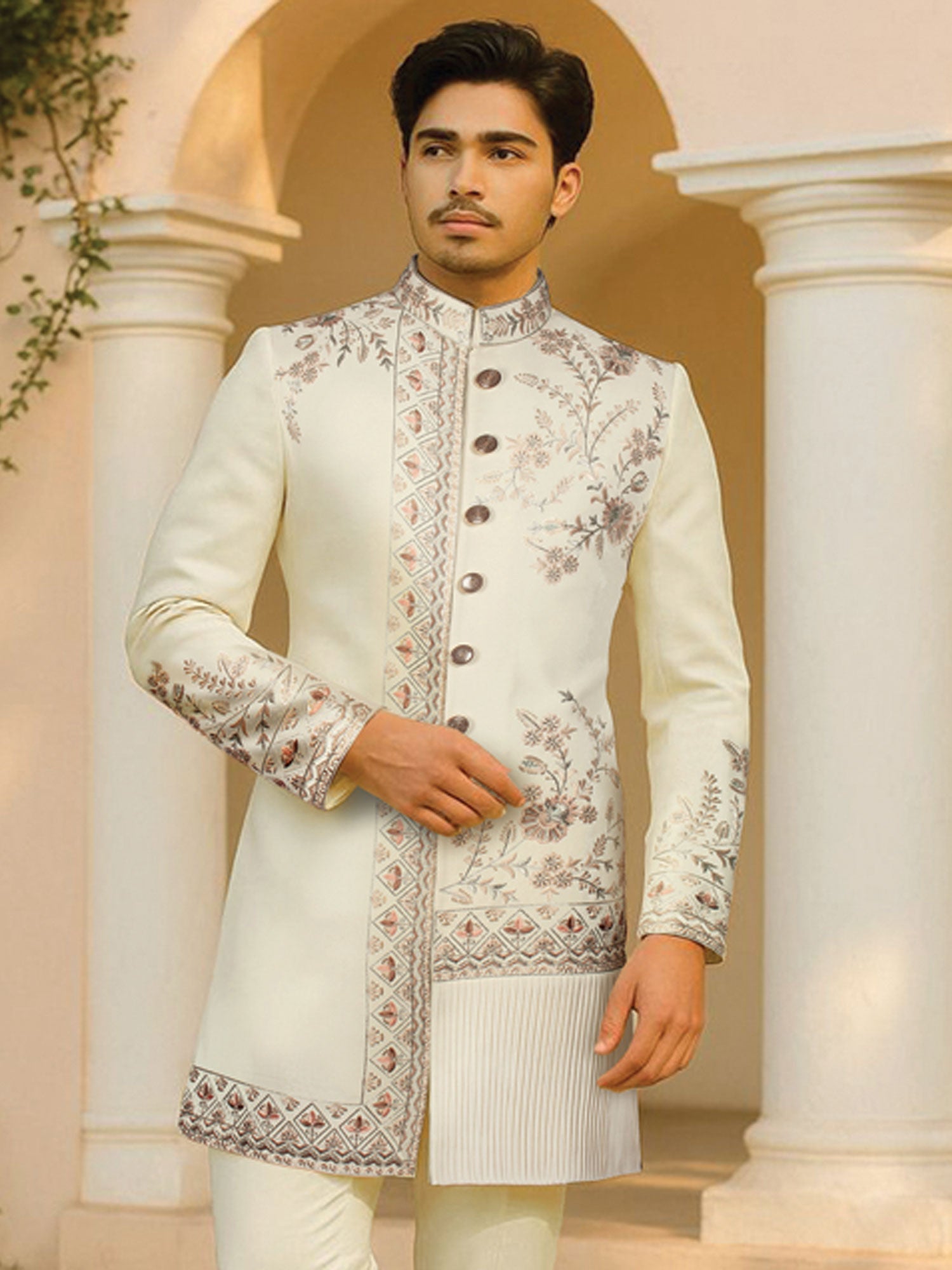 Cream Wedding Indo Western Set In Floral Work