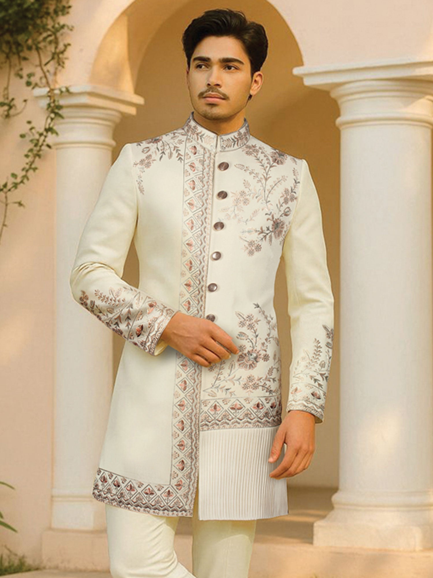 Cream Wedding Indo Western Set In Floral Work