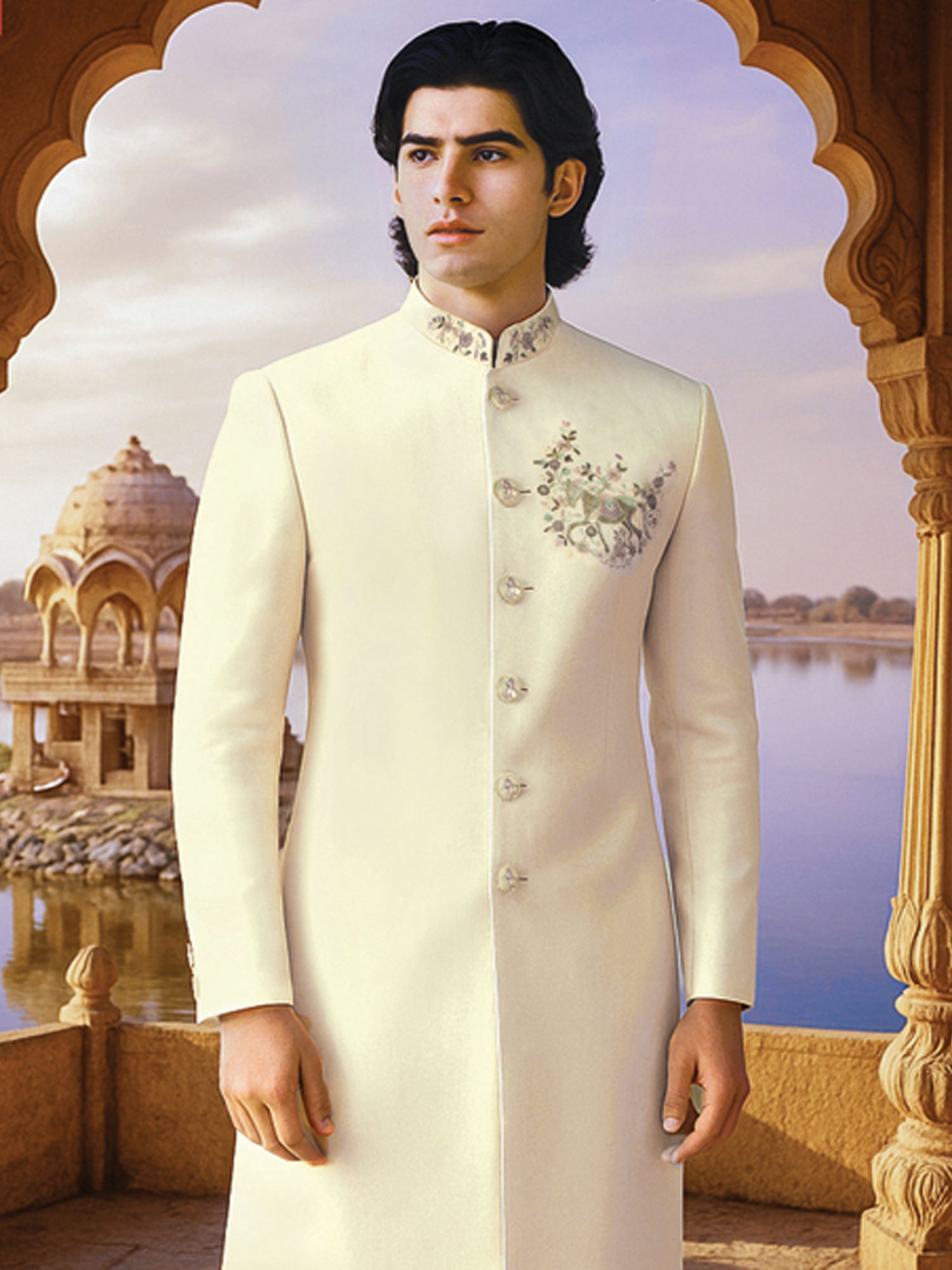 White Men's Indowestern With Floral Embellishment
