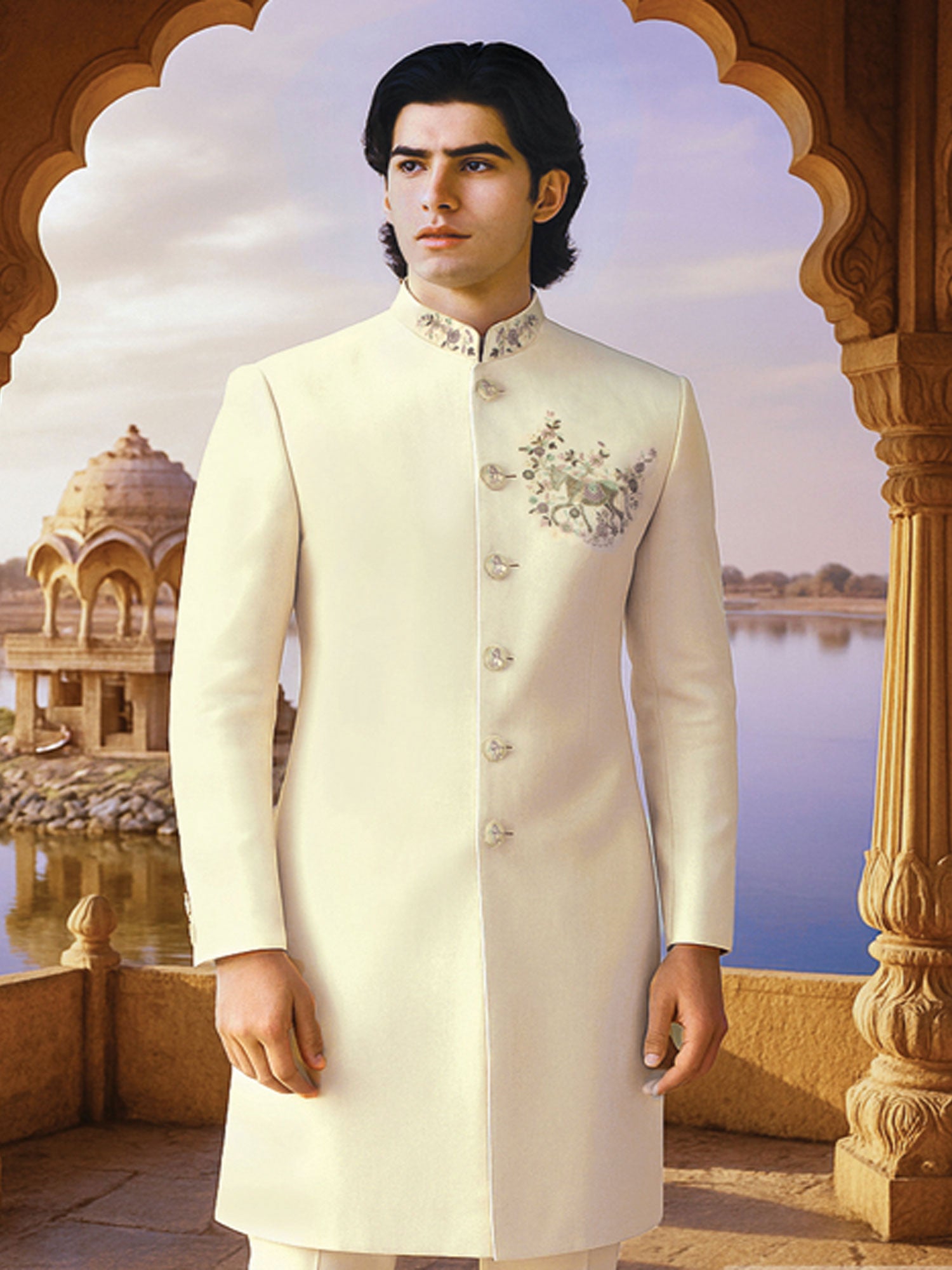 White Men's Indowestern With Floral Embellishment