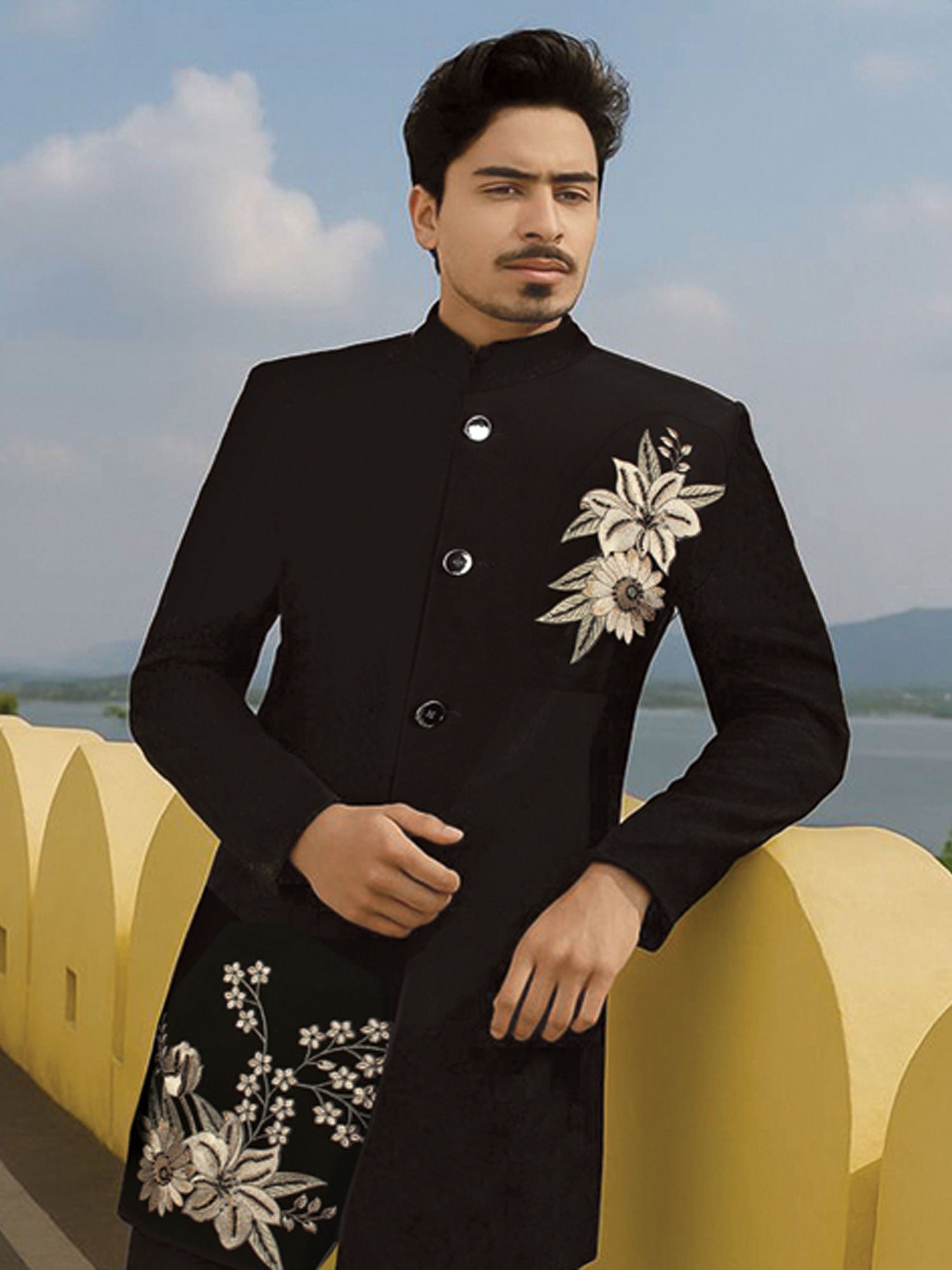 Black Party Wear Indo Western In Floral Work