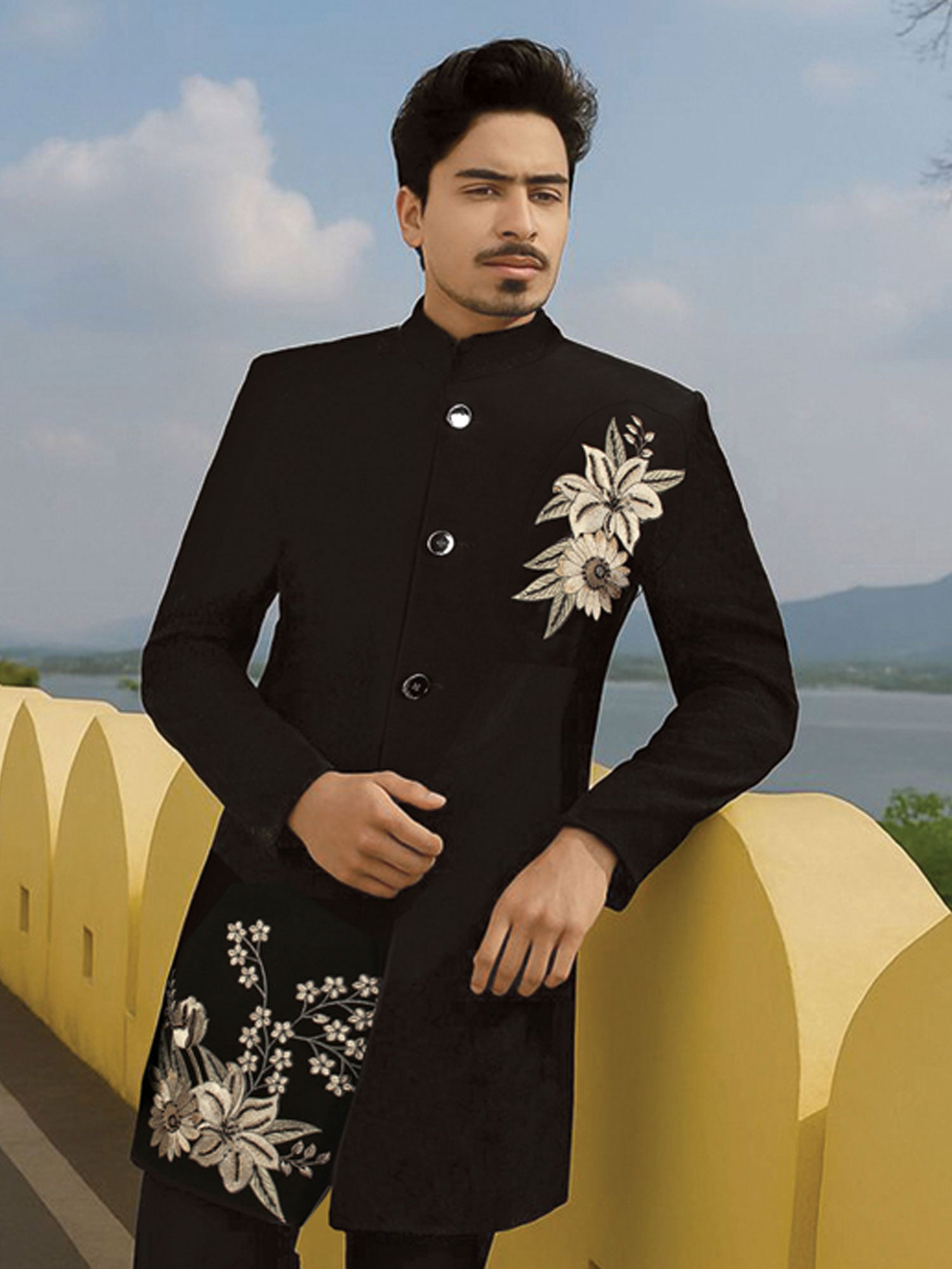 Black Party Wear Indo Western In Floral Work