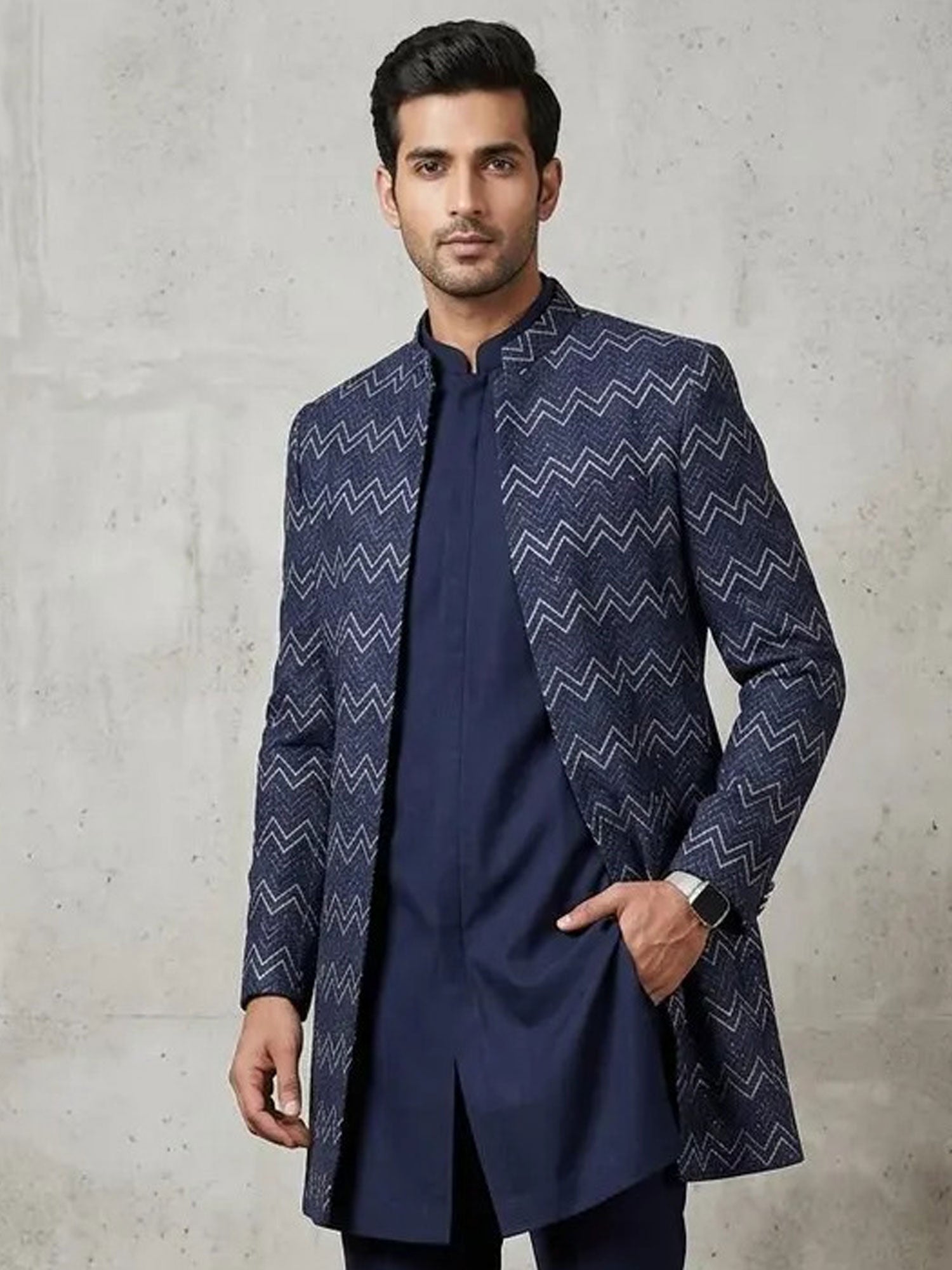 Blue Men's Indo Western With Open Jacket