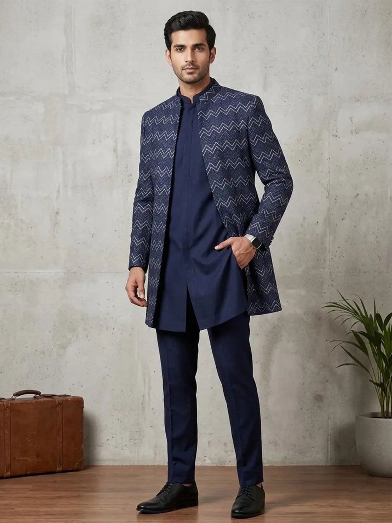 Blue Men's Indo Western With Open Jacket