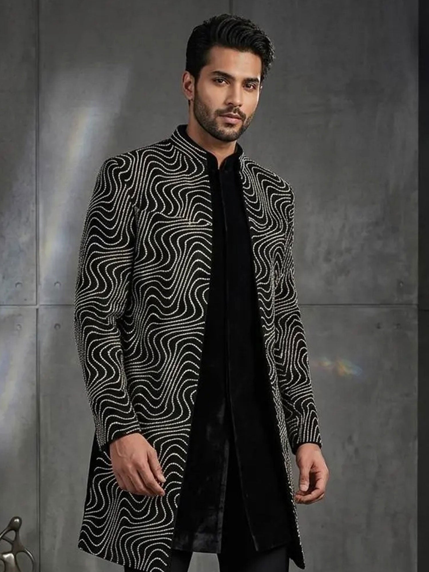 Black Men's Indowestern With Jacket In Velvet