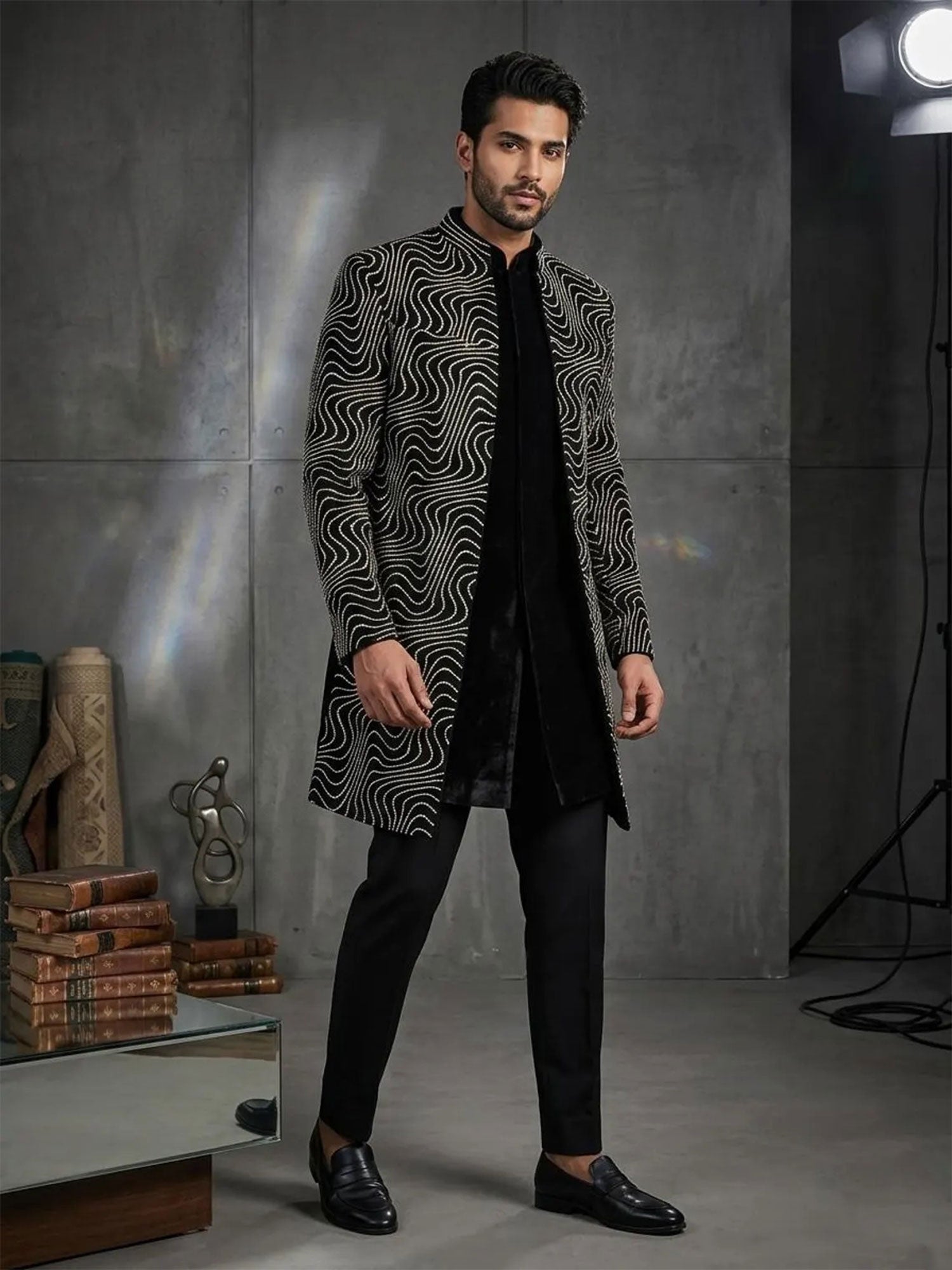 Black Men's Indowestern With Jacket In Velvet