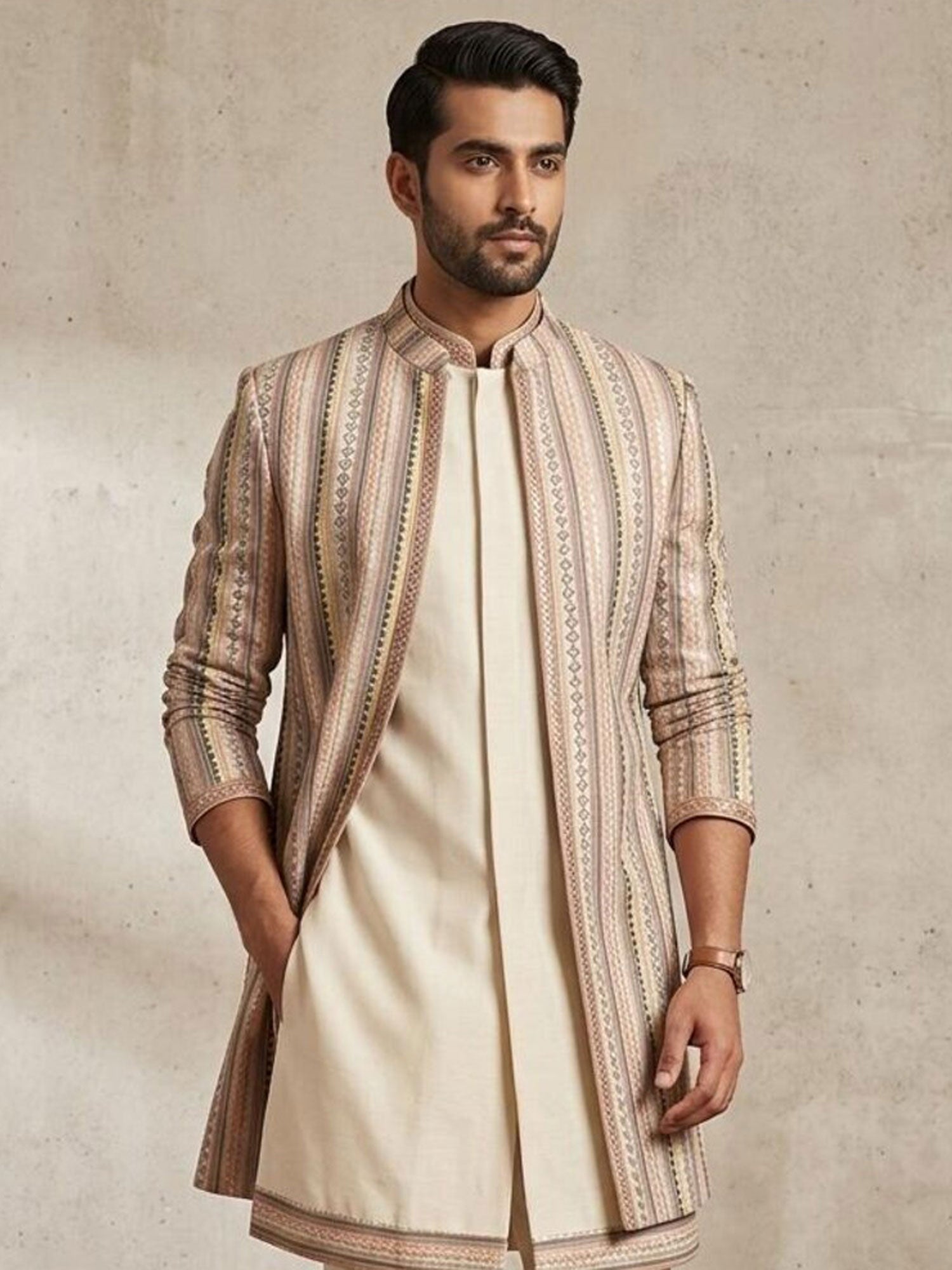 Cream Sequins Work Embellished Indo Western Set