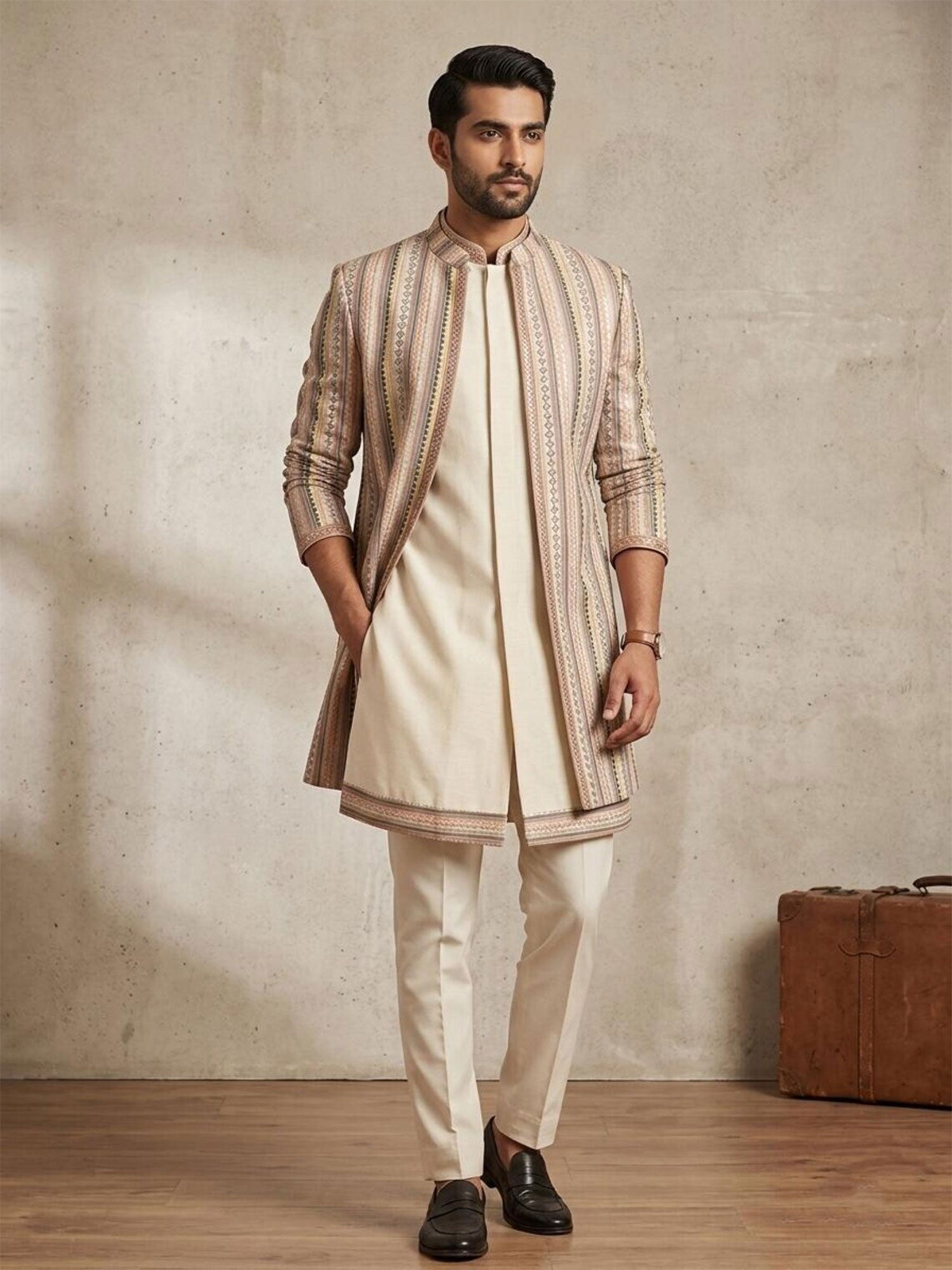 Cream Sequins Work Embellished Indo Western Set