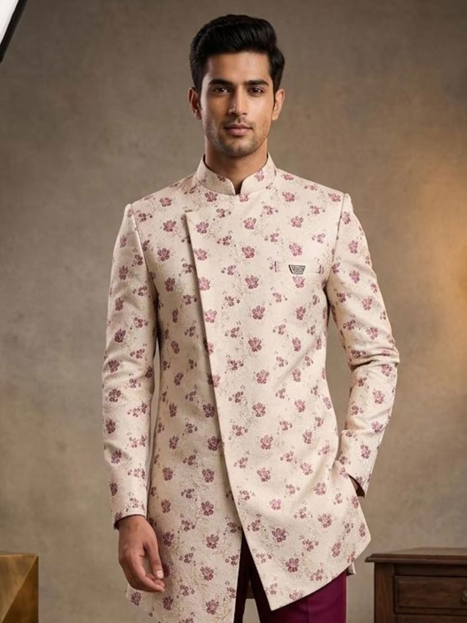 Beige Floral Work Wedding Indowestern For Mens