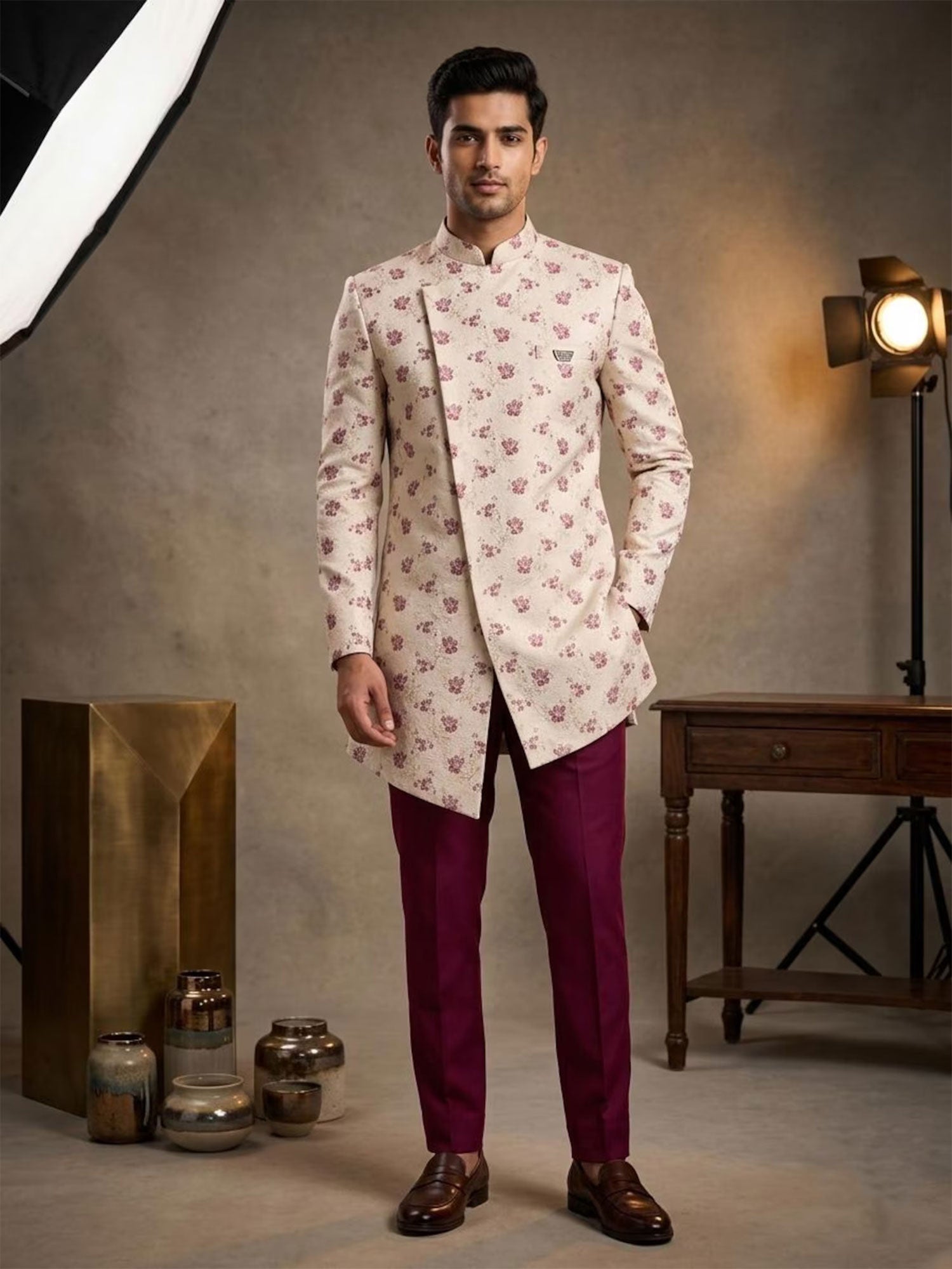 Beige Floral Work Wedding Indowestern For Mens