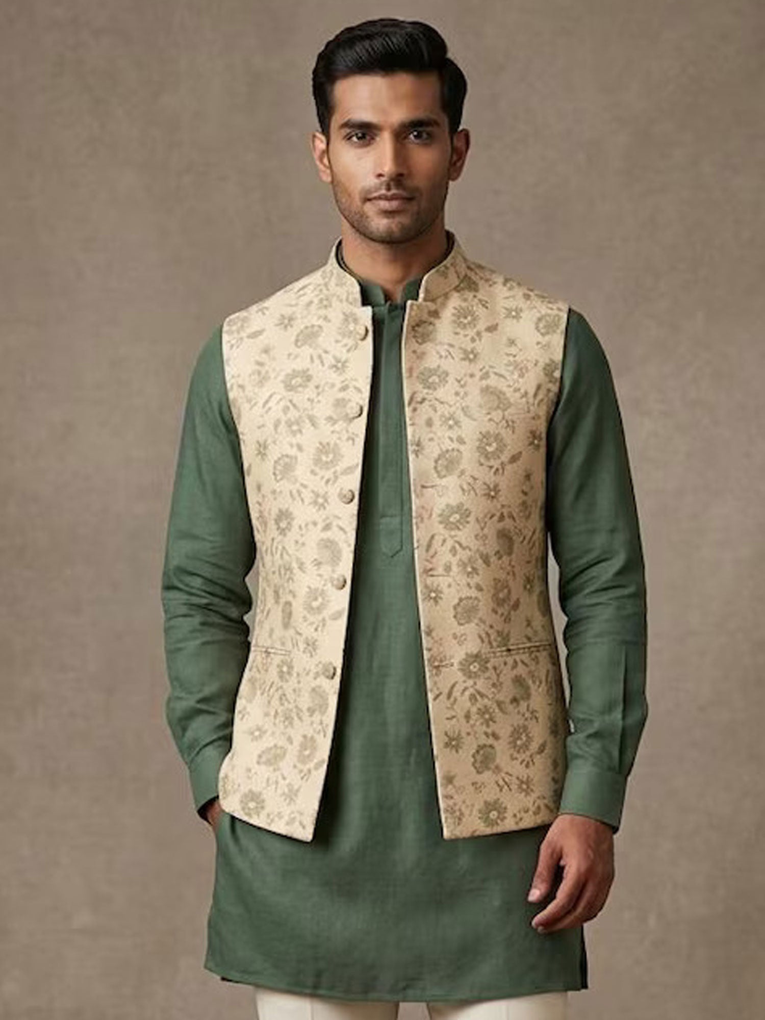 Green Floral Work Kurta Set With Nehru Jacket