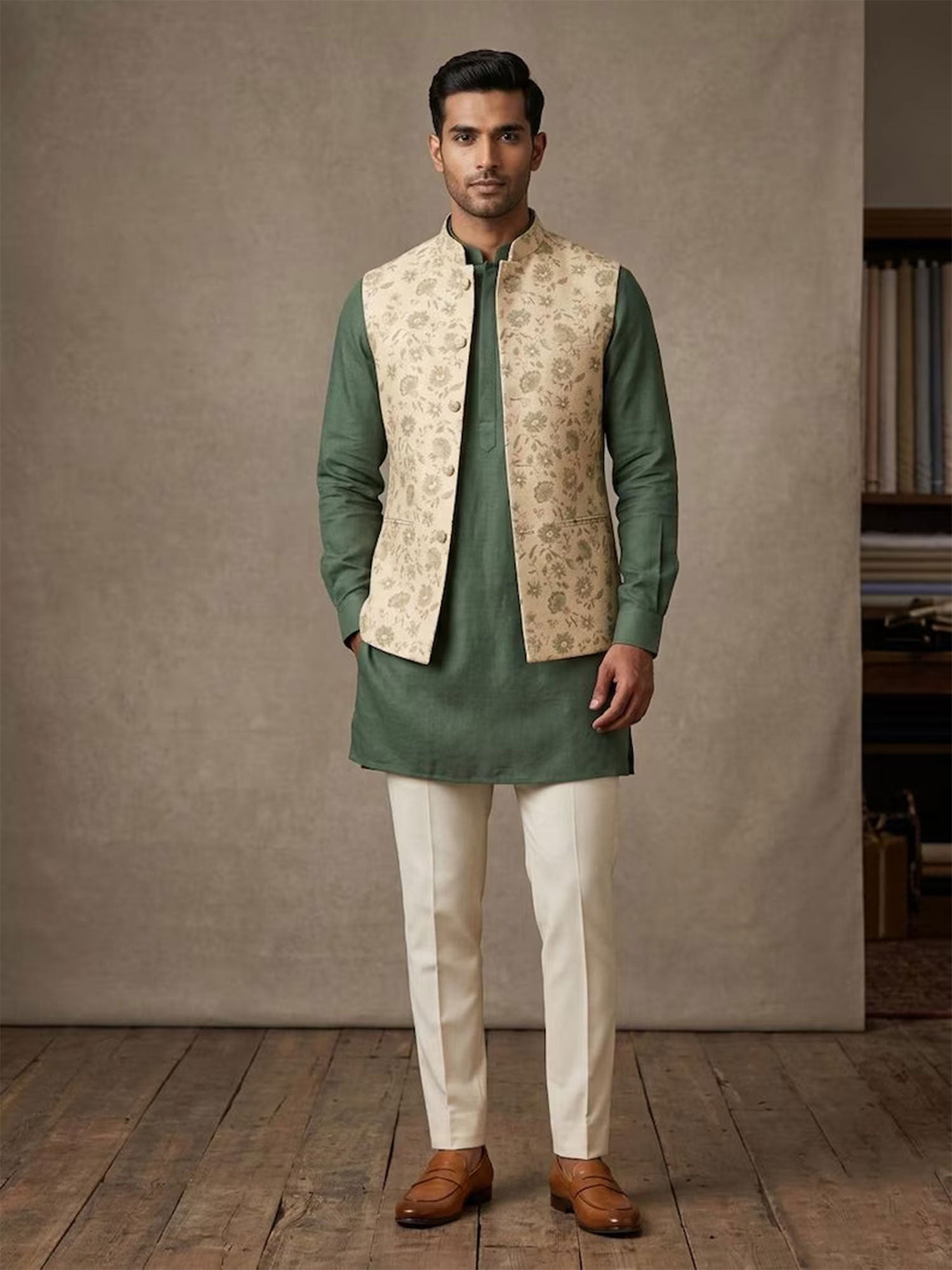 Green Floral Work Kurta Set With Nehru Jacket