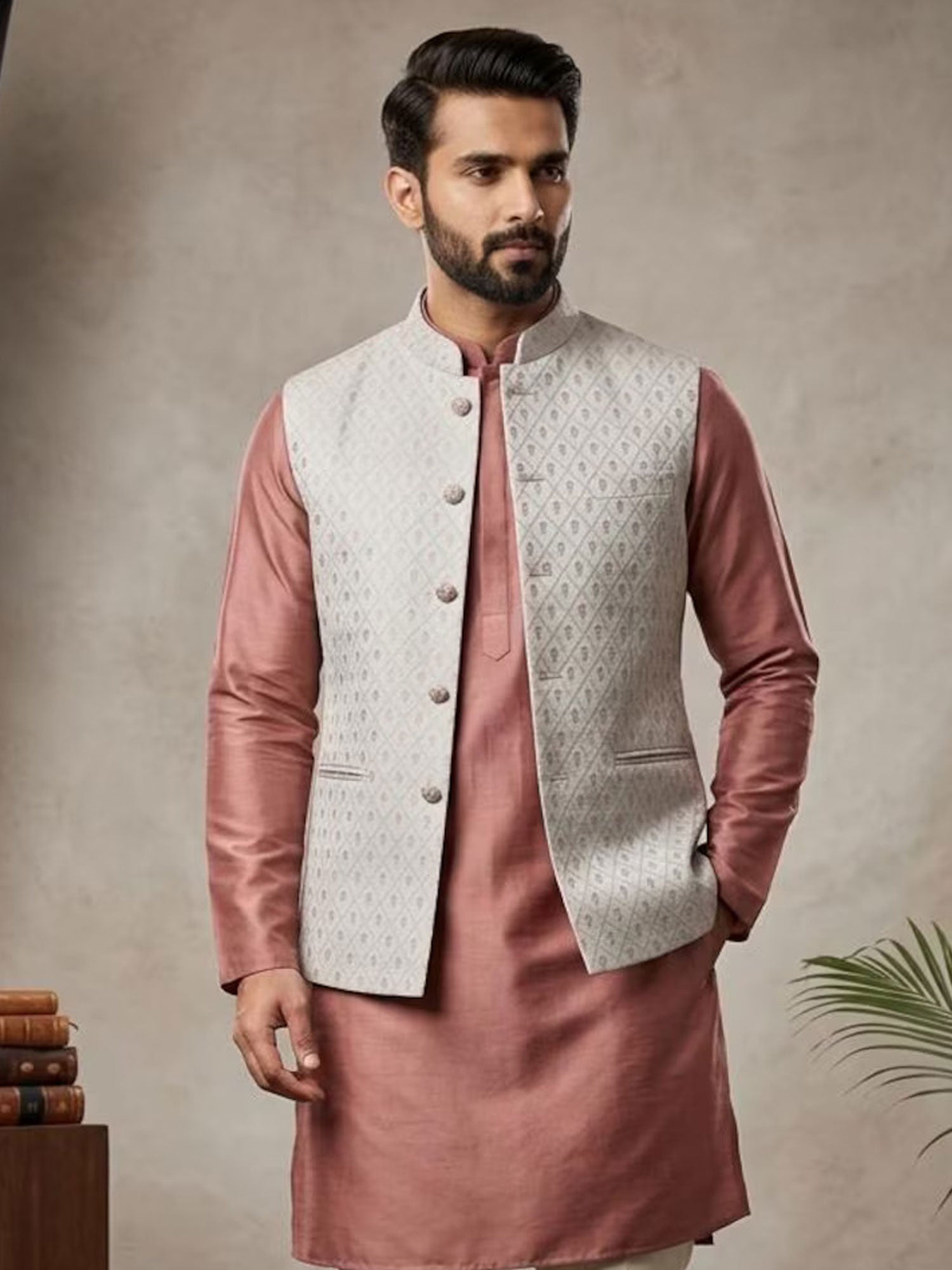 Rose Pink Men's Kurta Pyjama Set With Jacket