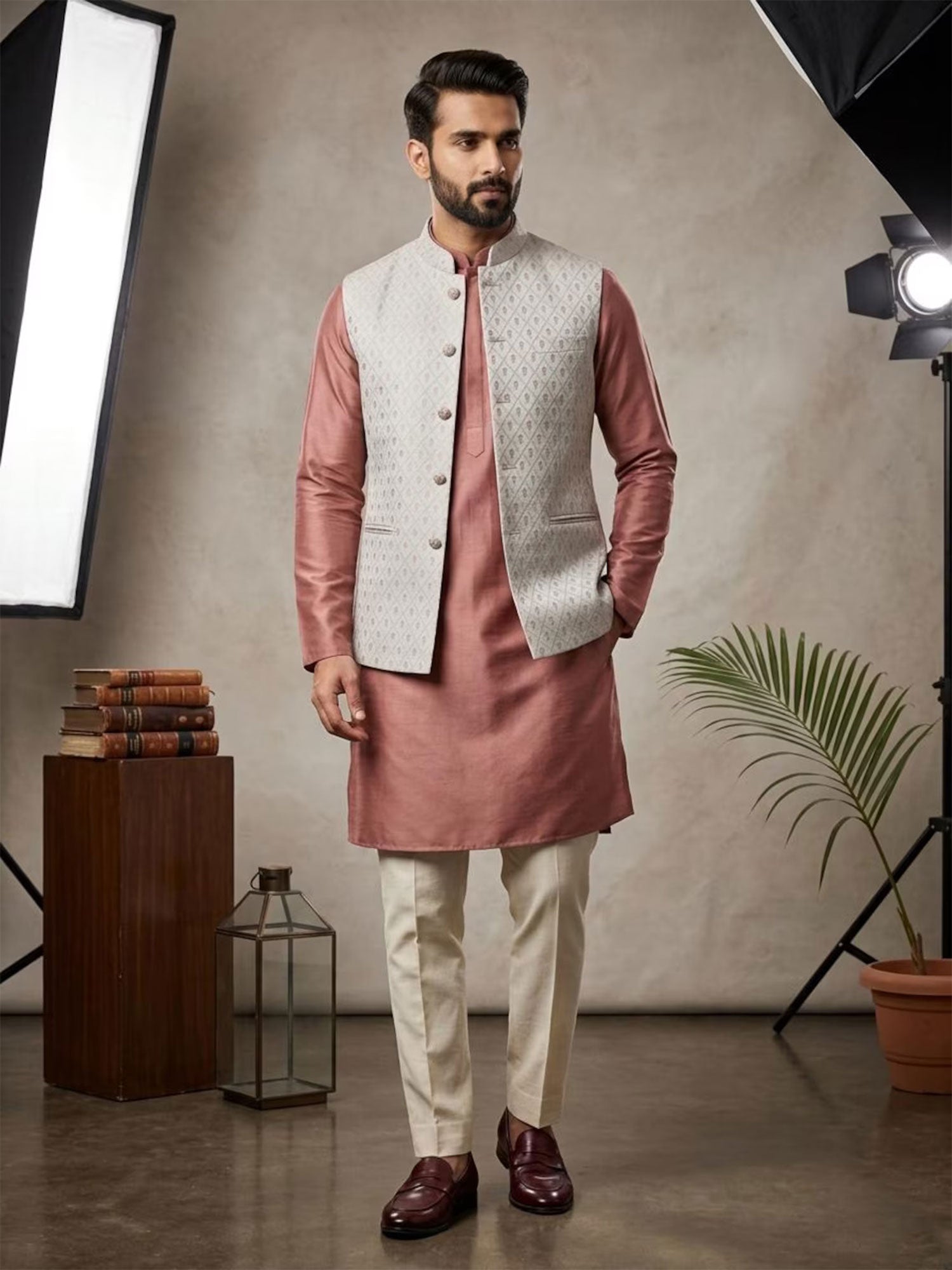Rose Pink Men's Kurta Pyjama Set With Jacket