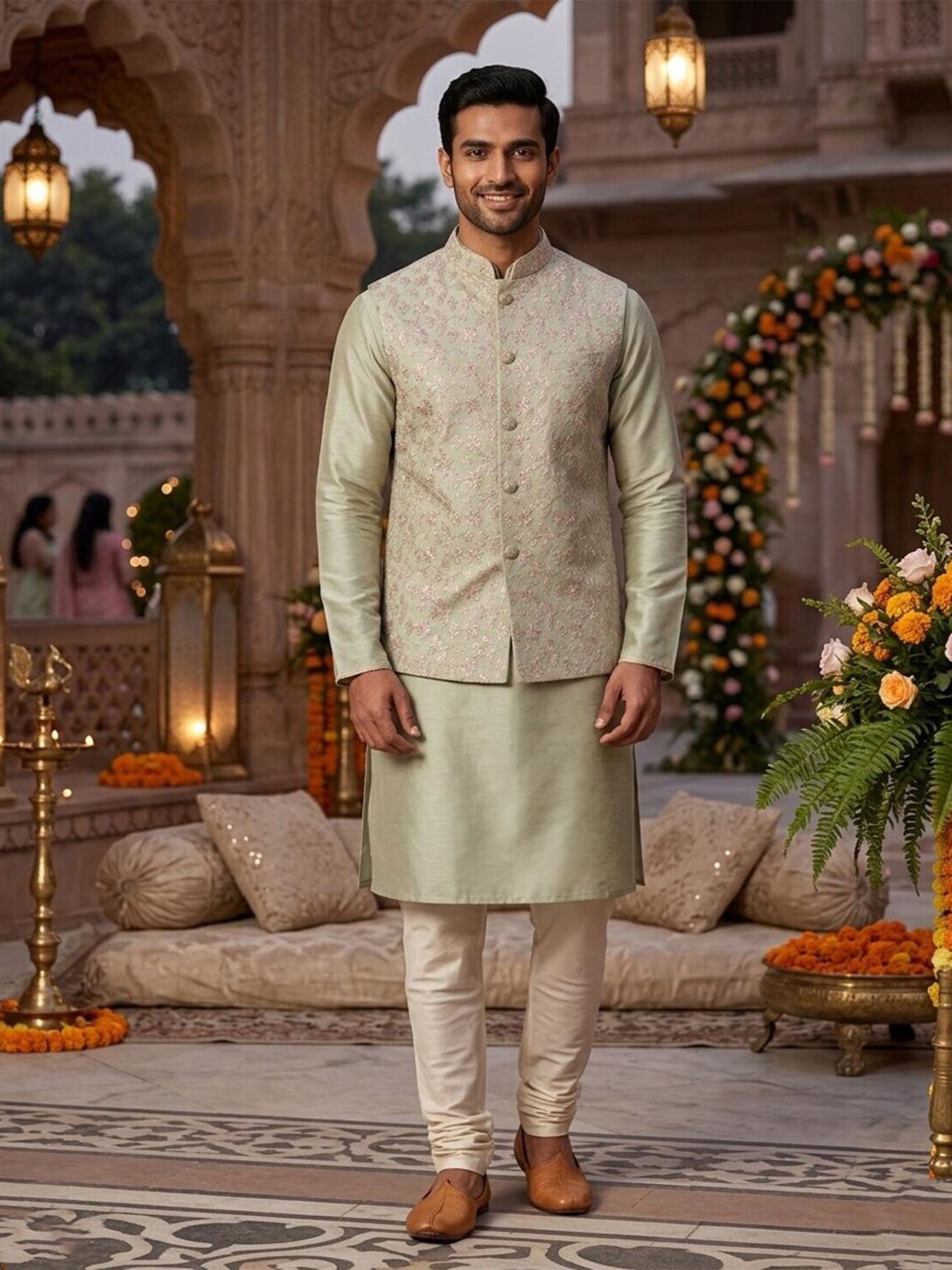 Mint Green Readymade Kurta Set With Jacket