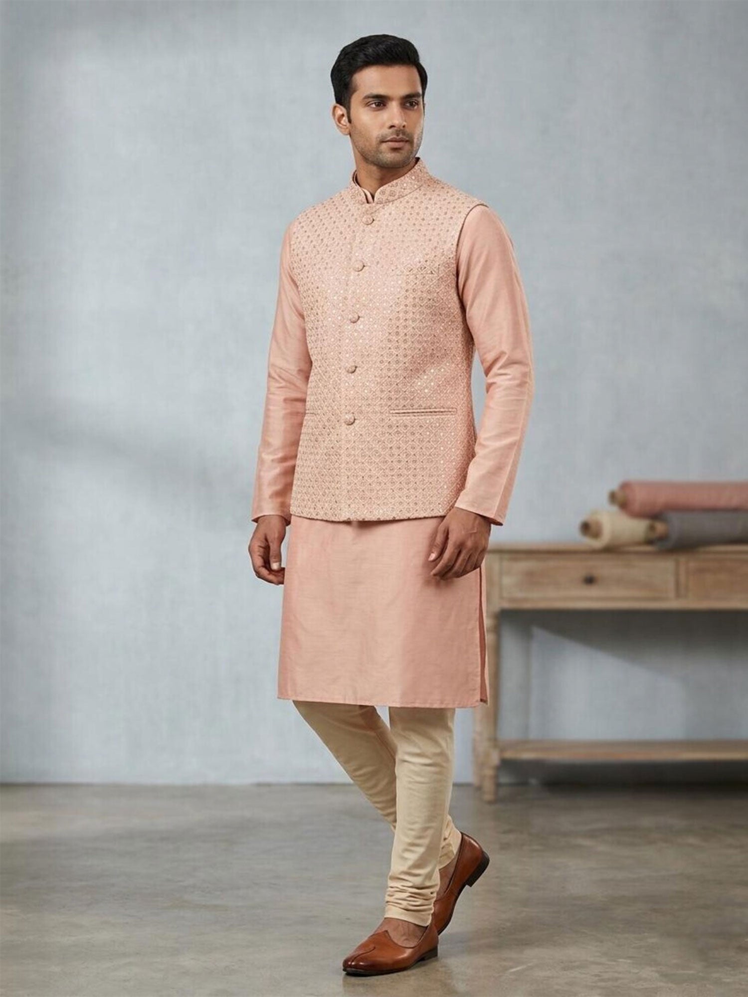 Peach Zari Work Kurta Set With Jacket In Silk