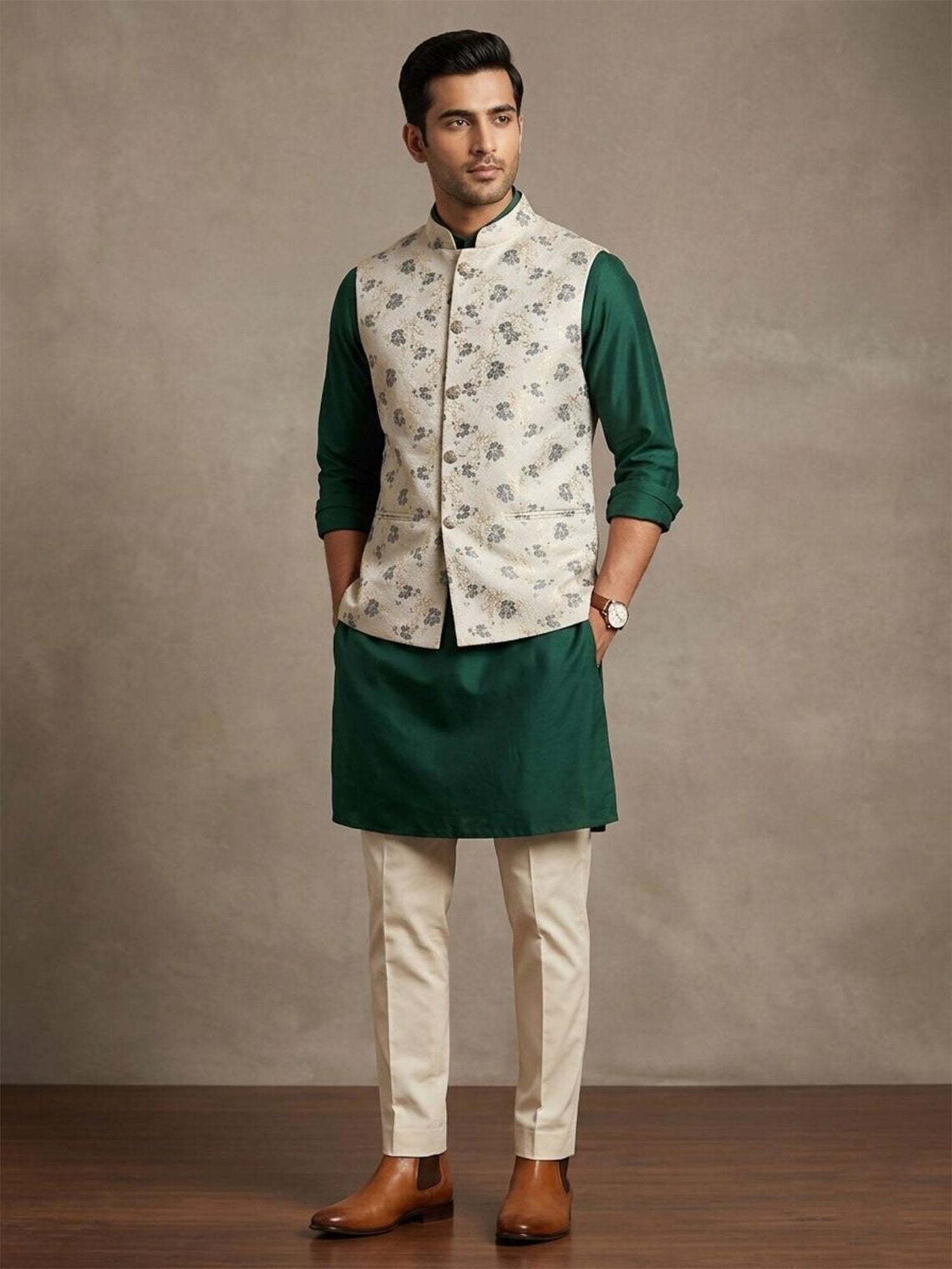 Dark Green Silk Kurta Pyjama For Mens