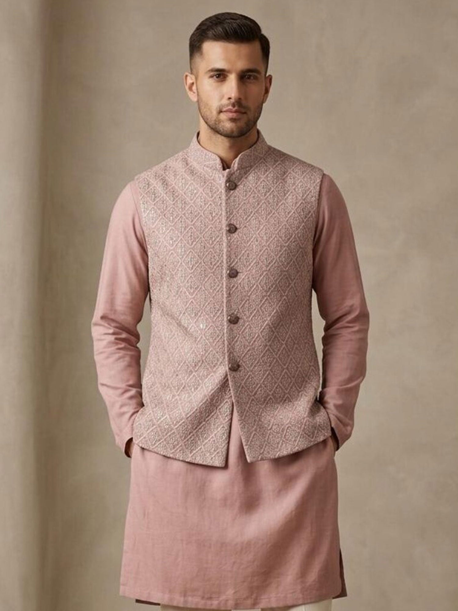 Pink Men's Kurta Set With Embroidered Jacket