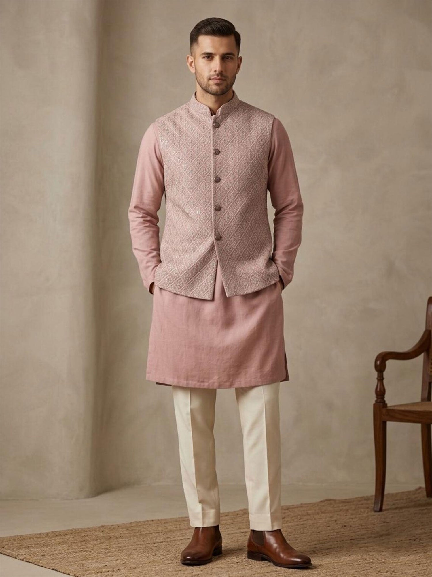 Pink Men's Kurta Set With Embroidered Jacket
