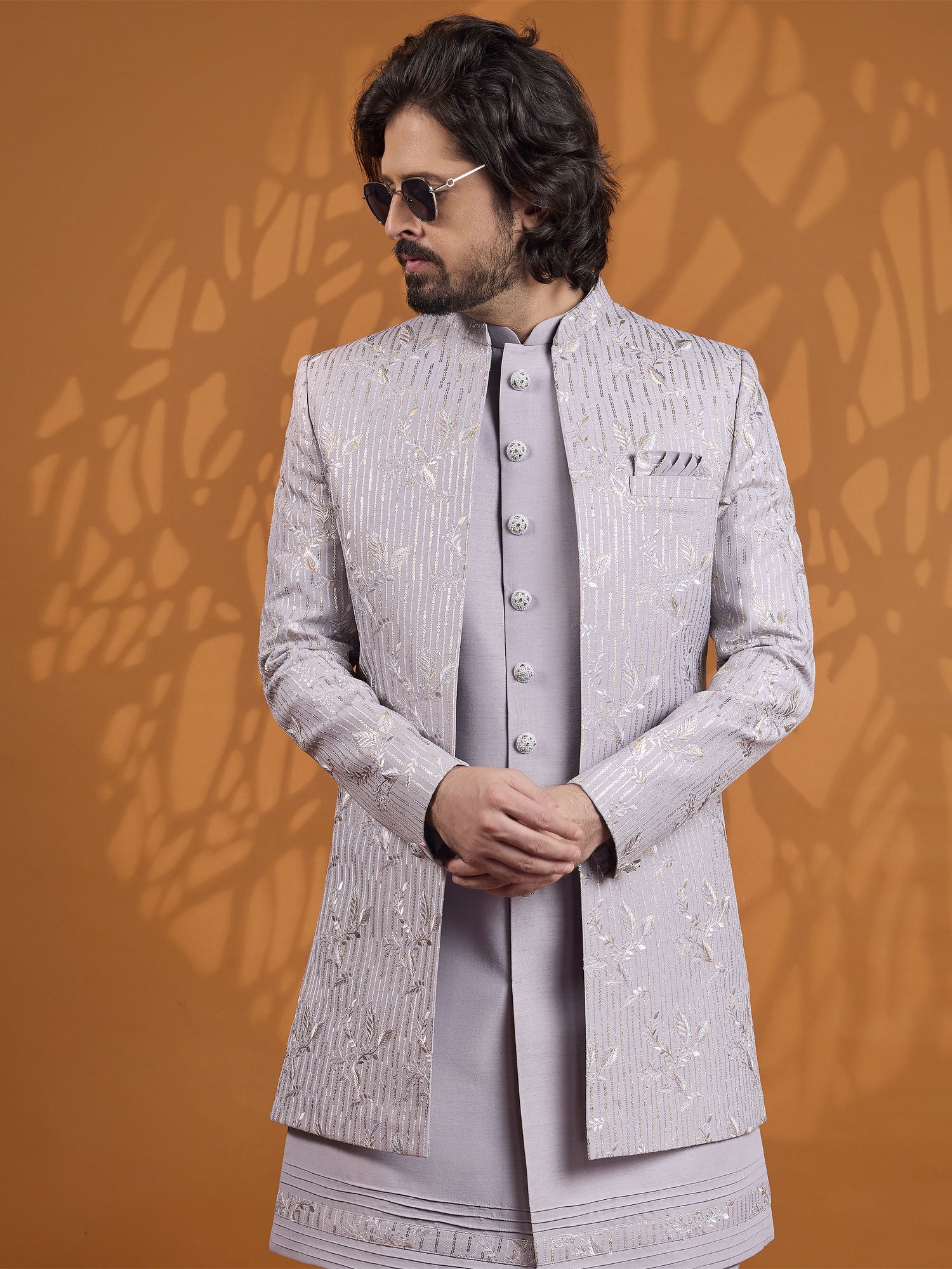Lilac Thread Work Embellished Men's Indowestern