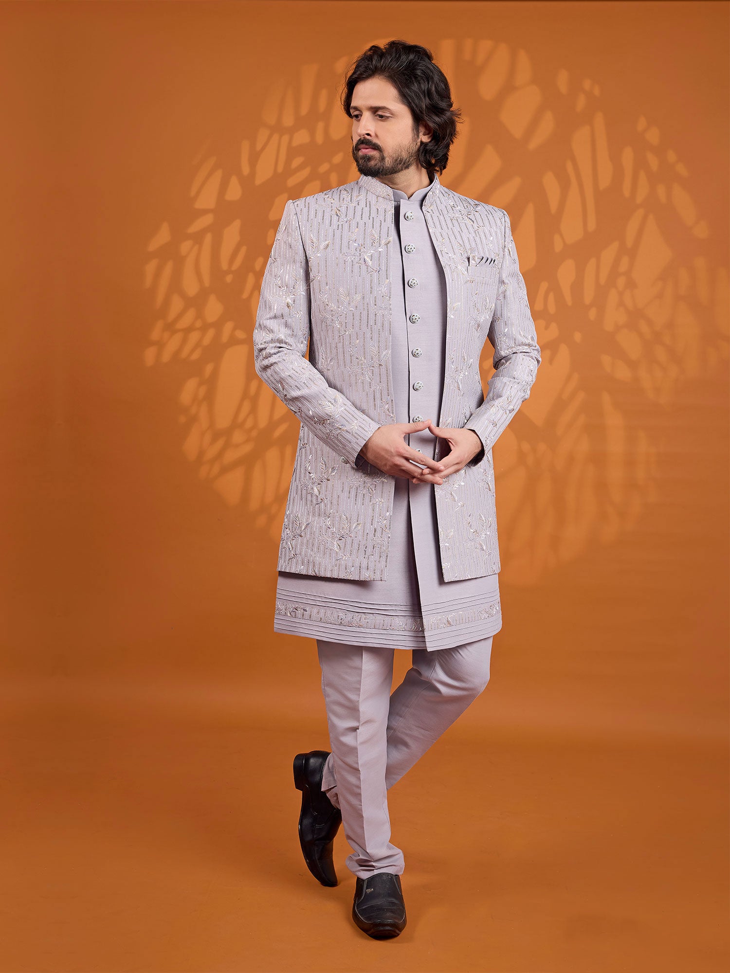 Lilac Thread Work Embellished Men's Indowestern