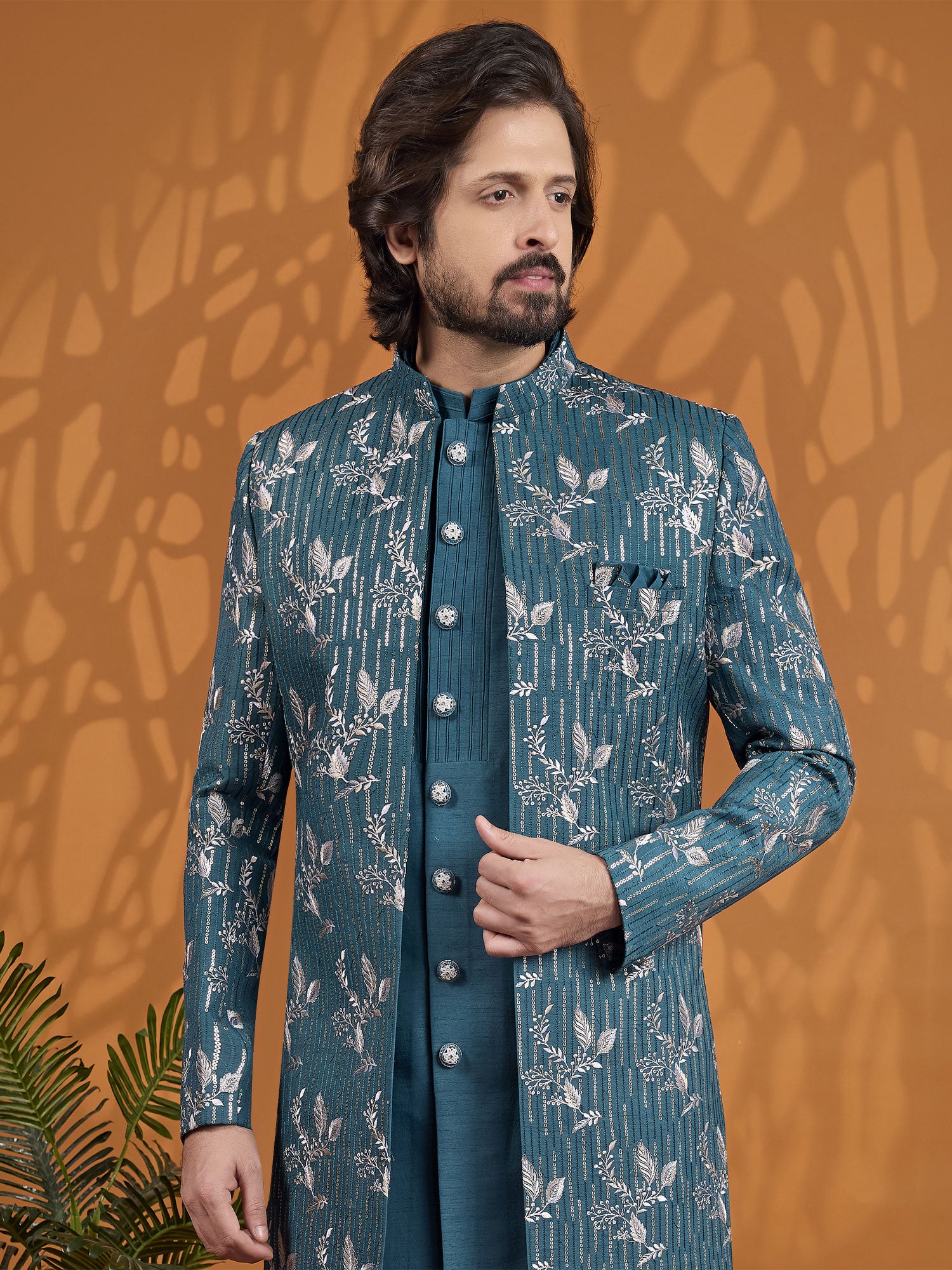 Teal Green Floral Work Jacket Style Indo Western