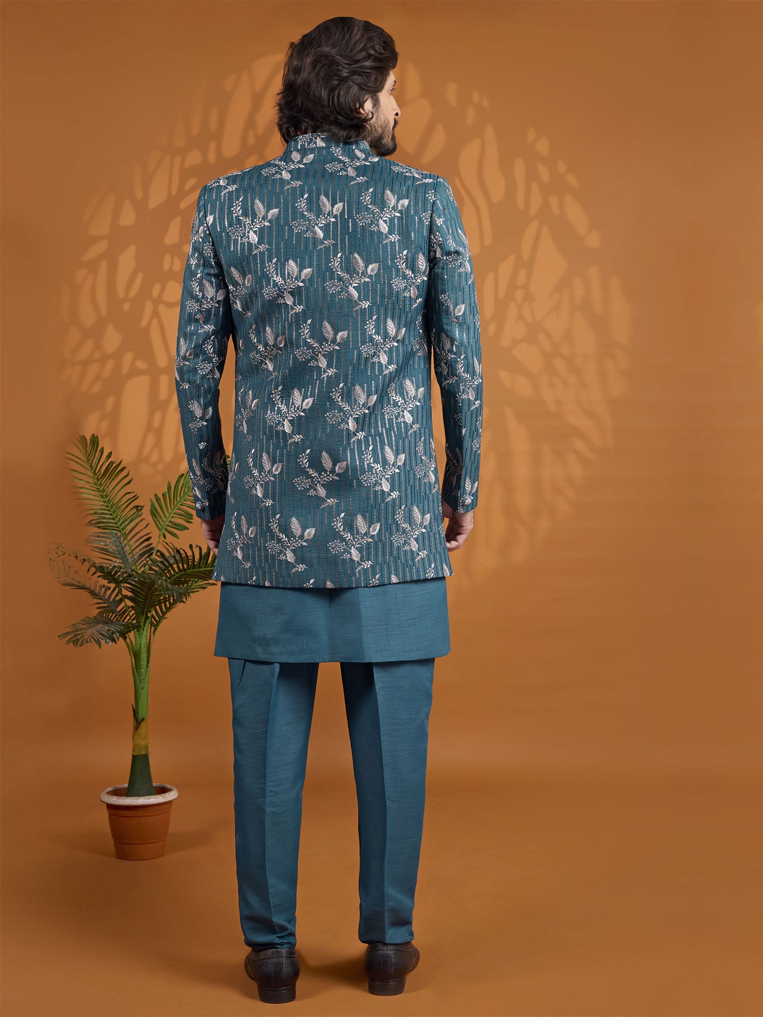 Teal Green Floral Work Jacket Style Indo Western