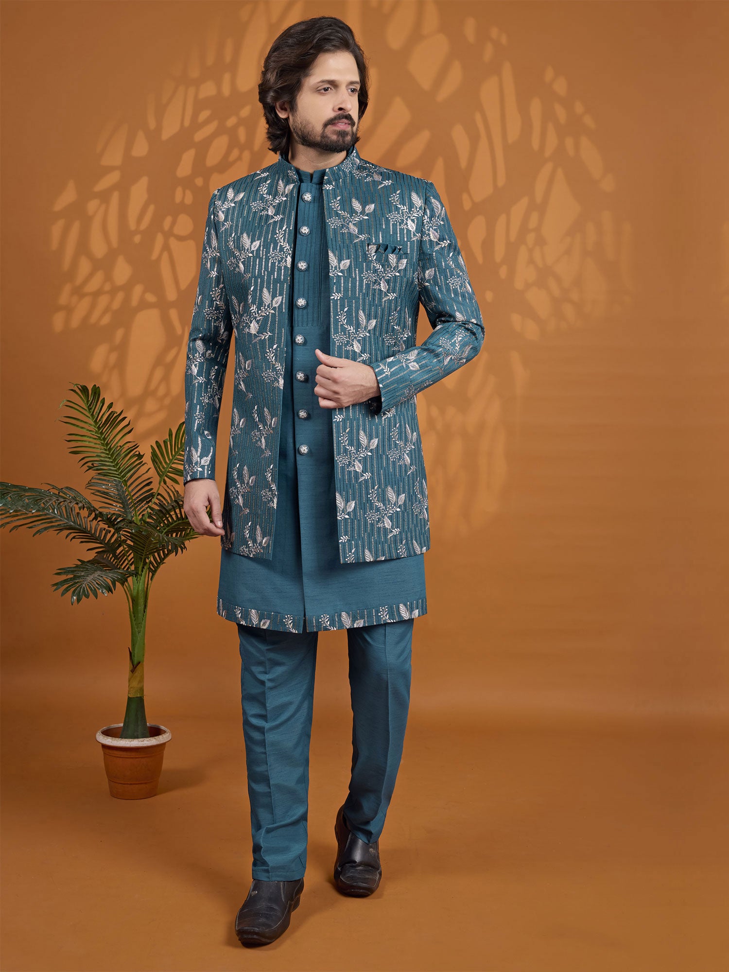 Teal Green Floral Work Jacket Style Indo Western
