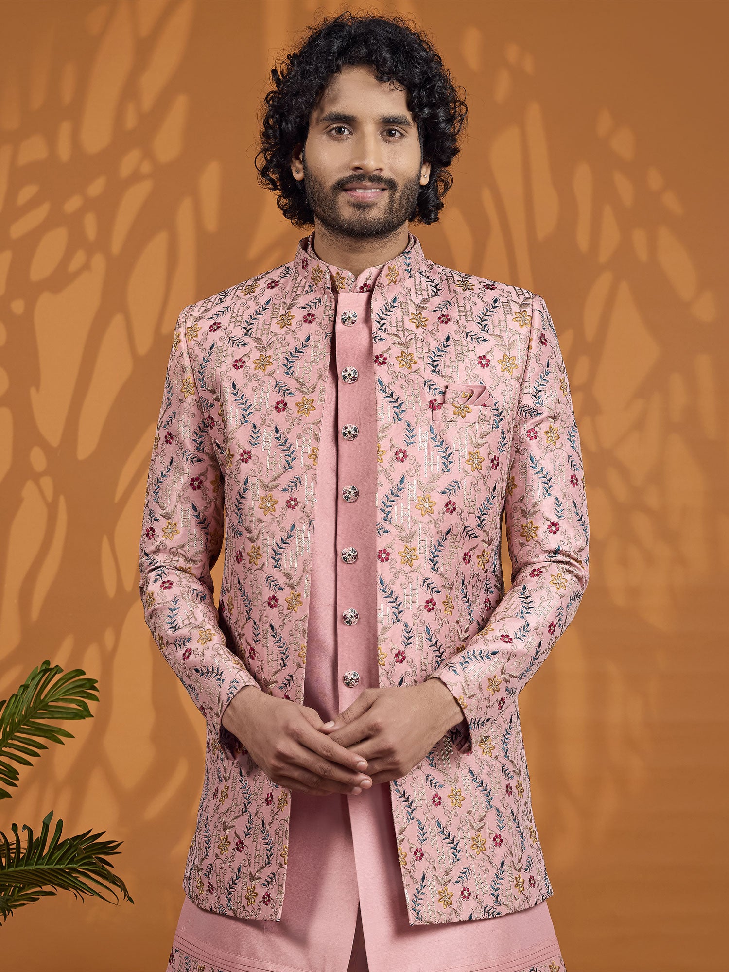 Pink Heavy Floral Thread Work Indo Western Set