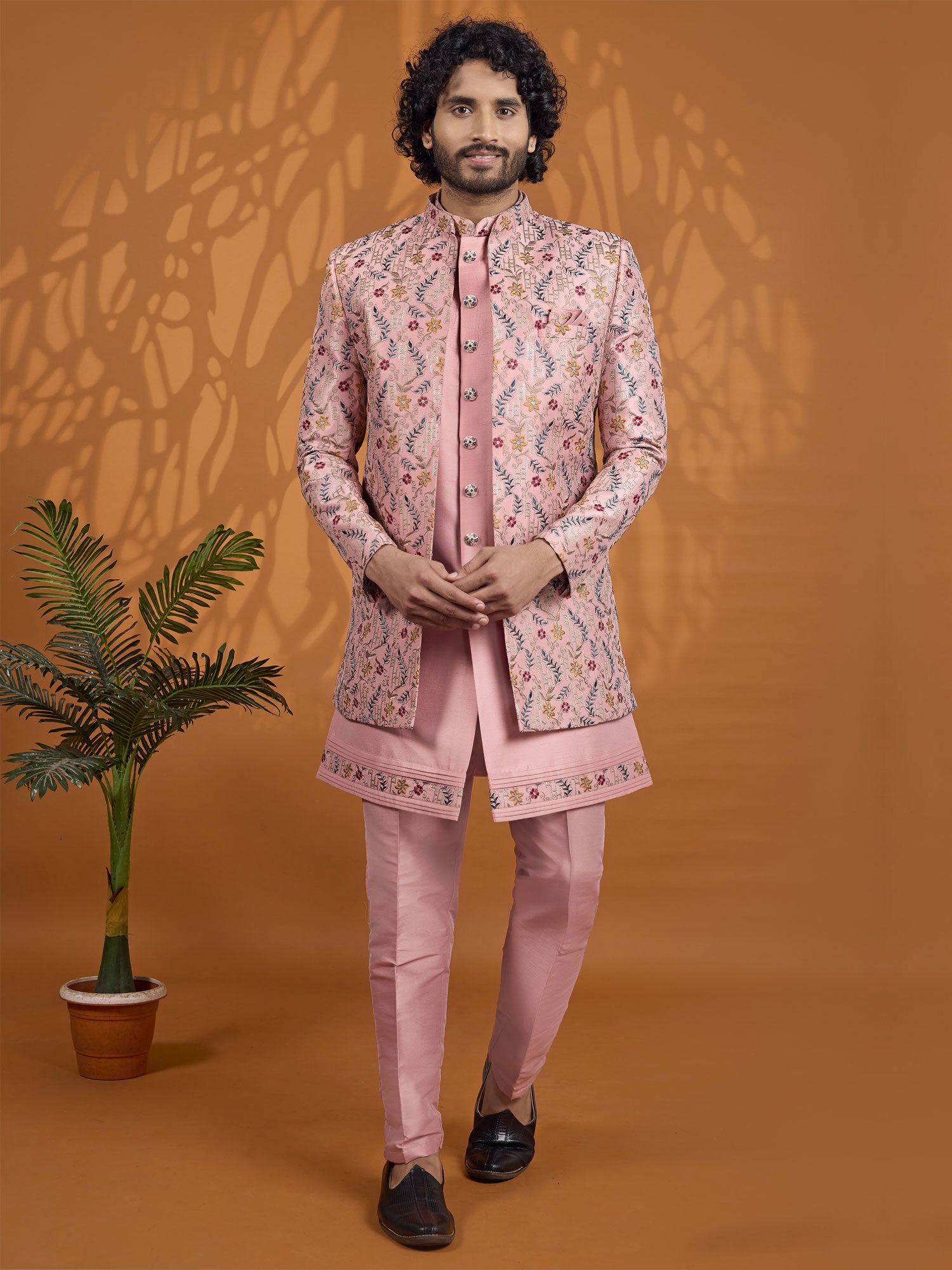 Pink Heavy Floral Thread Work Indo Western Set