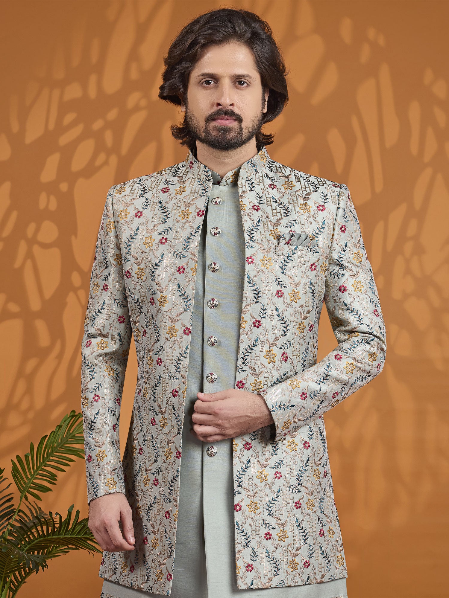Green Floral Embroidered Indowestern With Jacket