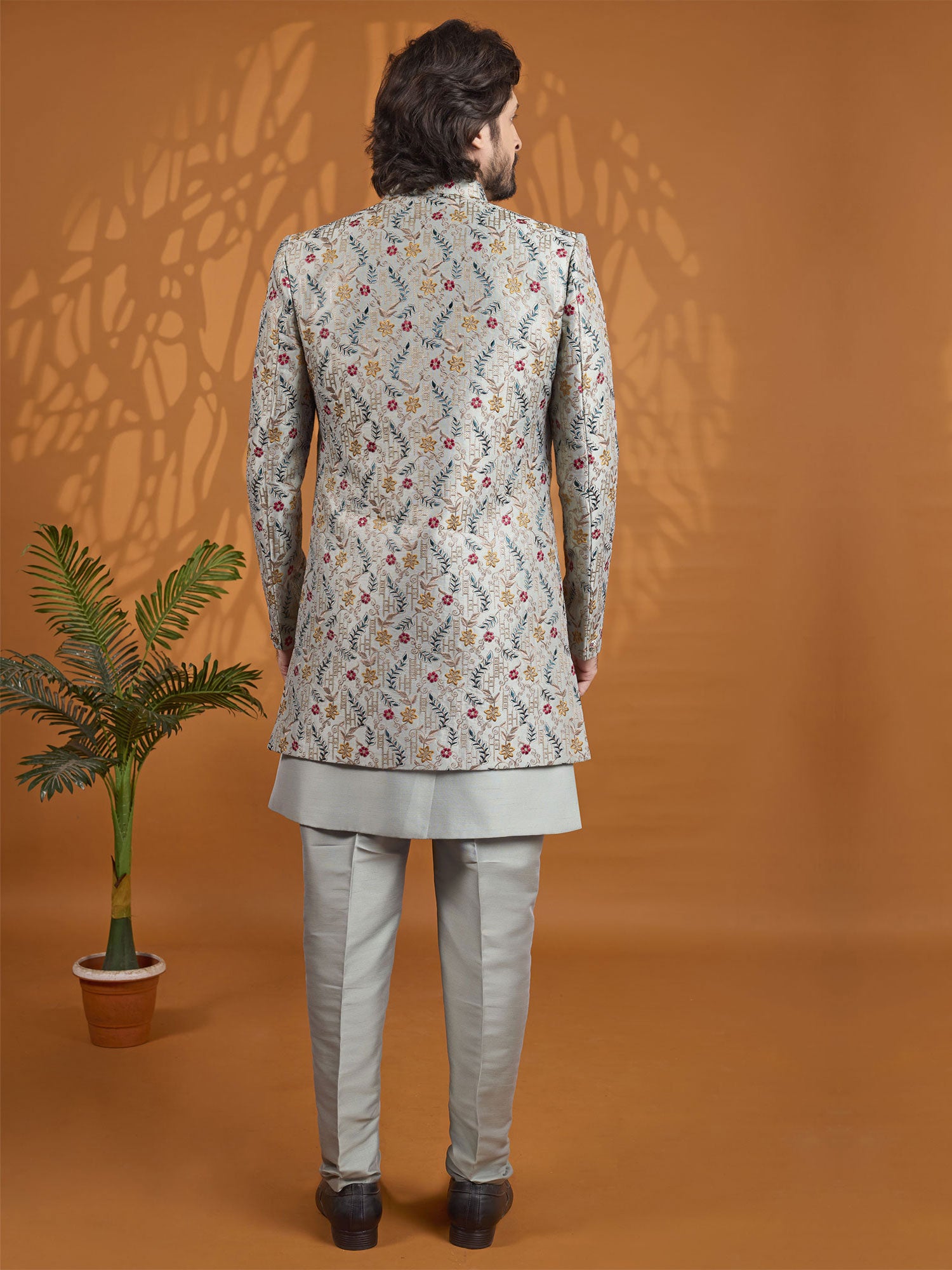 Green Floral Embroidered Indowestern With Jacket
