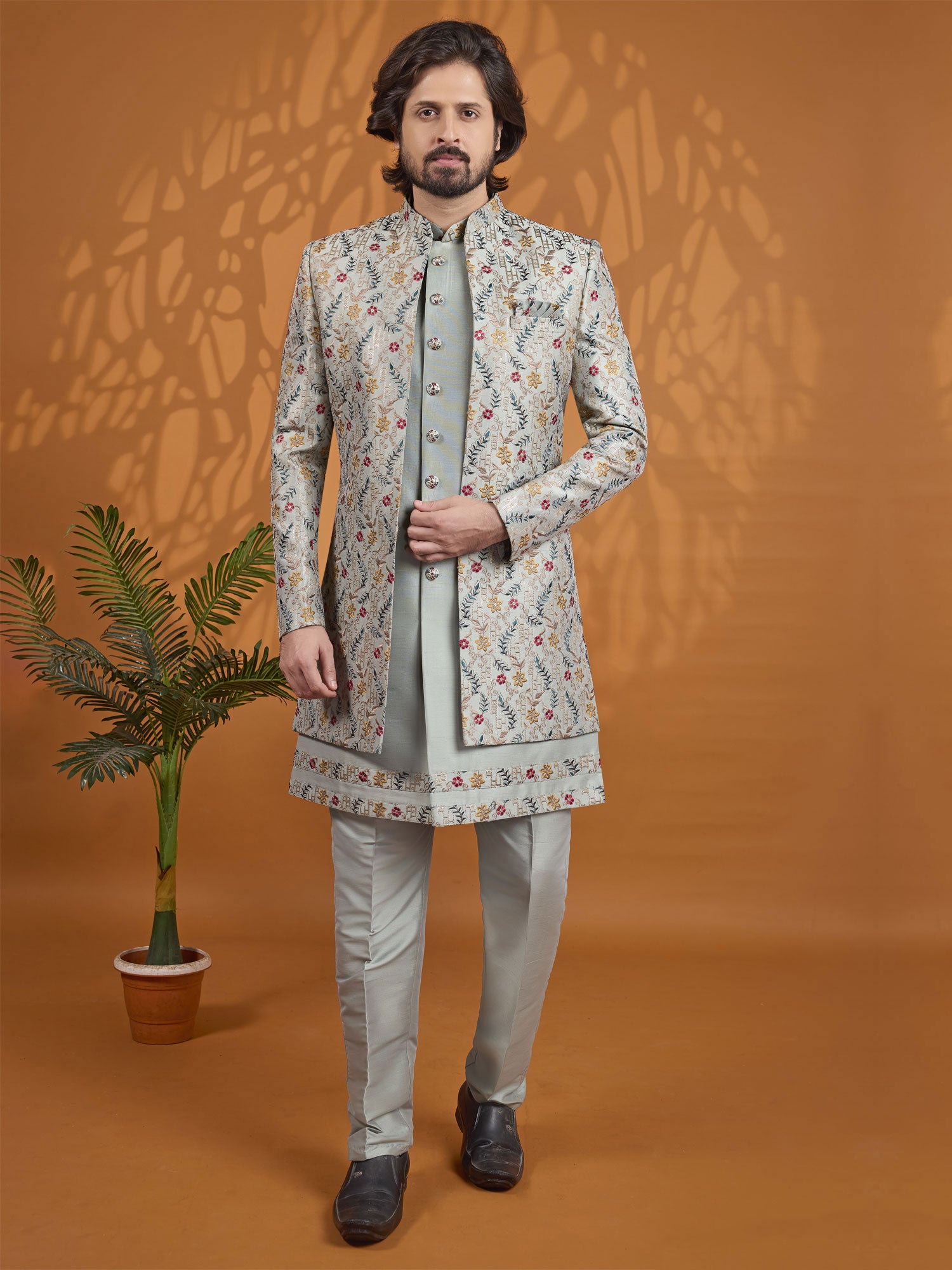 Green Floral Embroidered Indowestern With Jacket