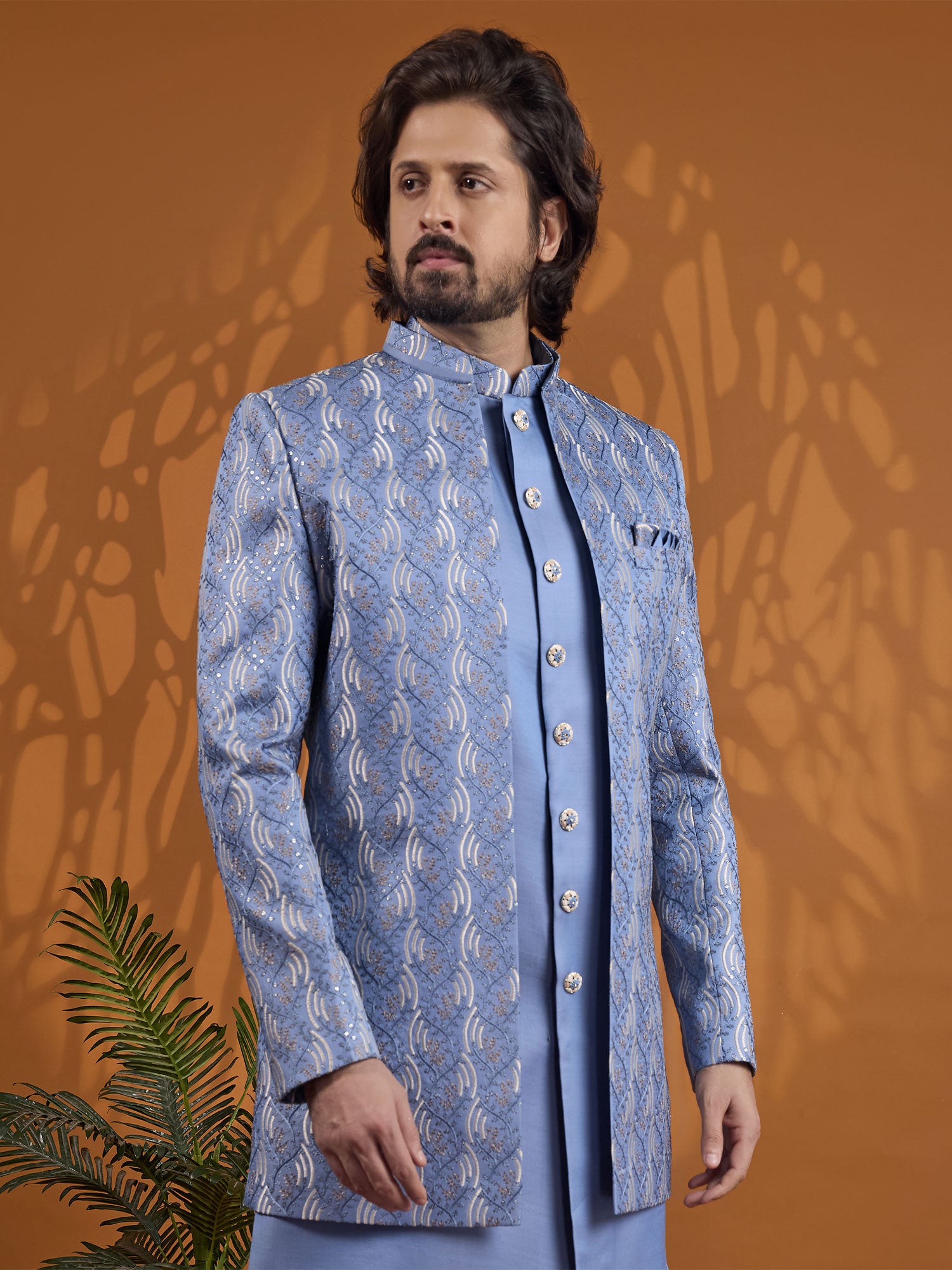 Blue Jacket Style Indo Western In Thread Work