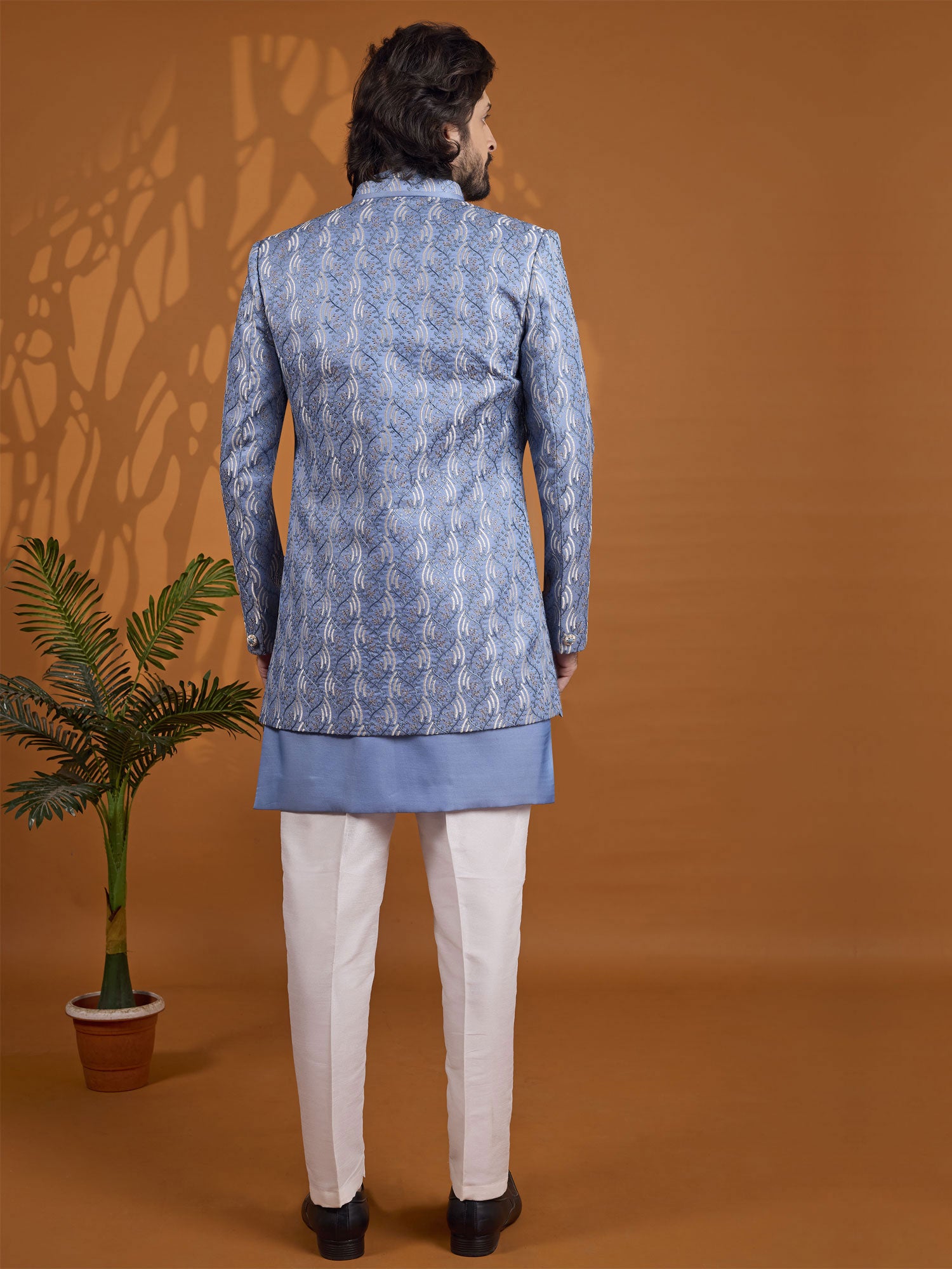 Blue Jacket Style Indo Western In Thread Work