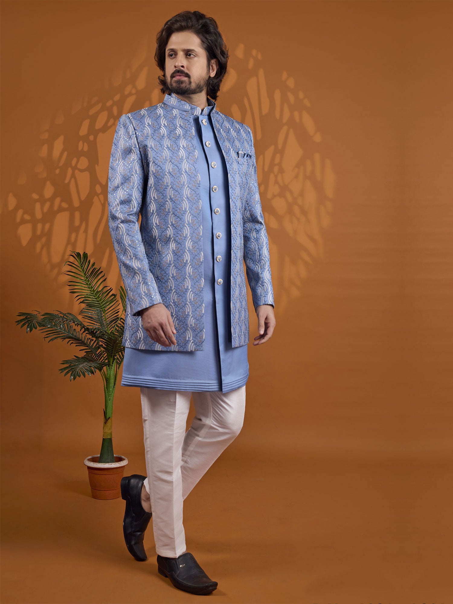 Blue Jacket Style Indo Western In Thread Work