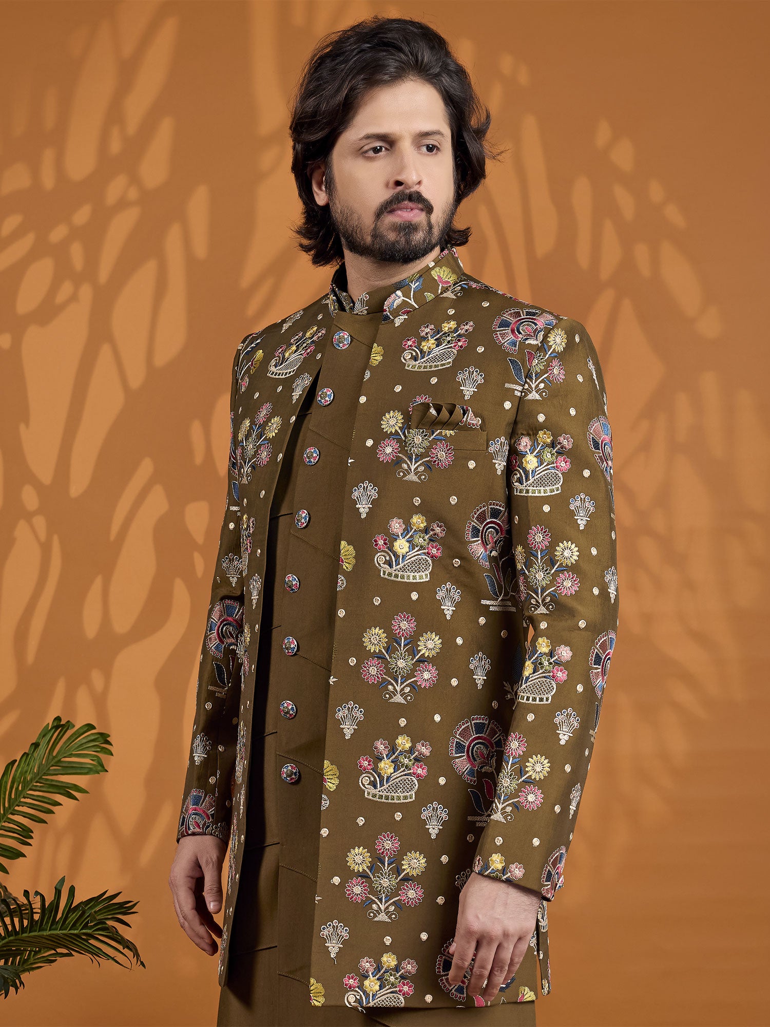 Brown Wedding Indo Western In Thread Embroidery