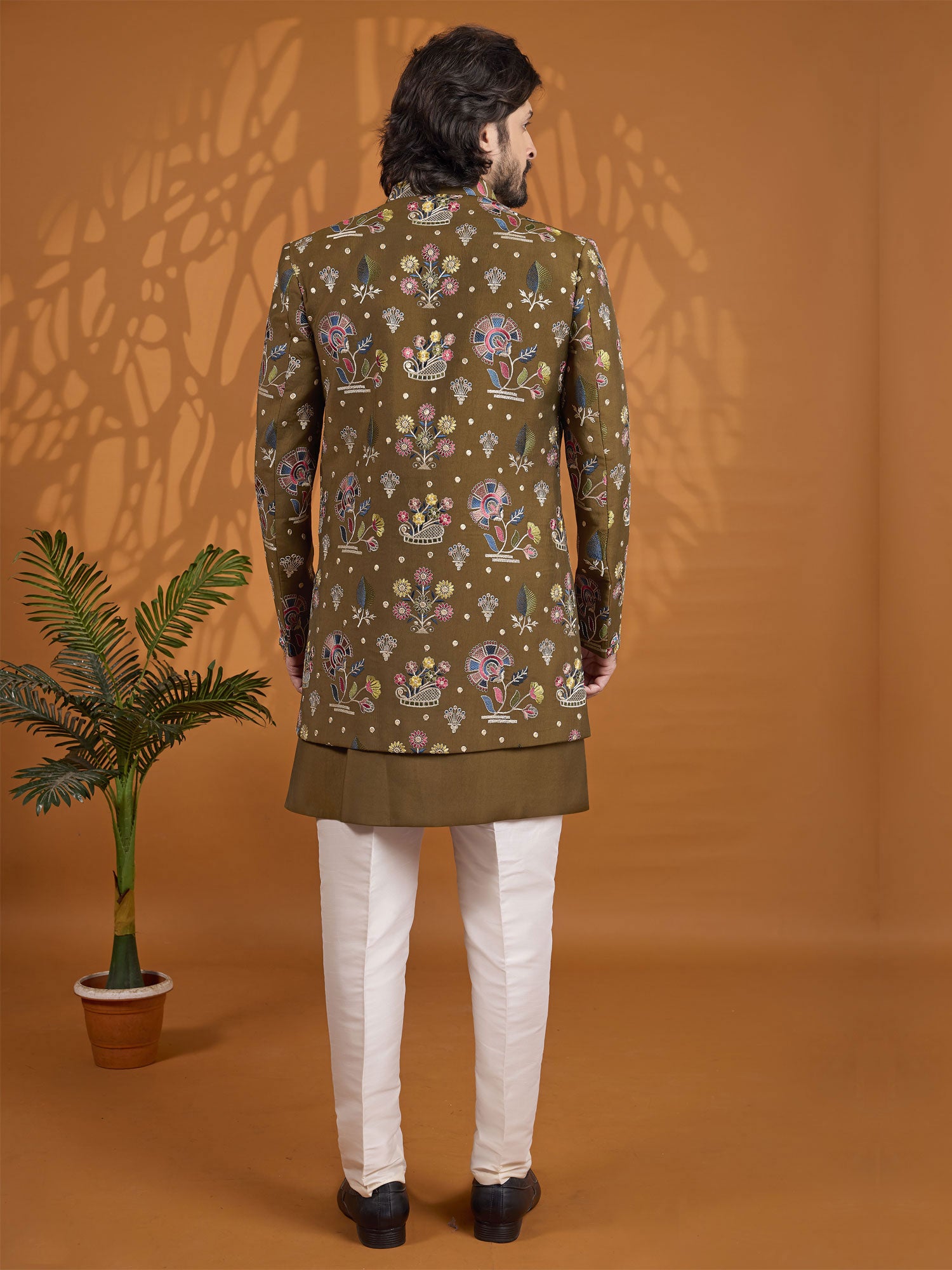 Brown Wedding Indo Western In Thread Embroidery