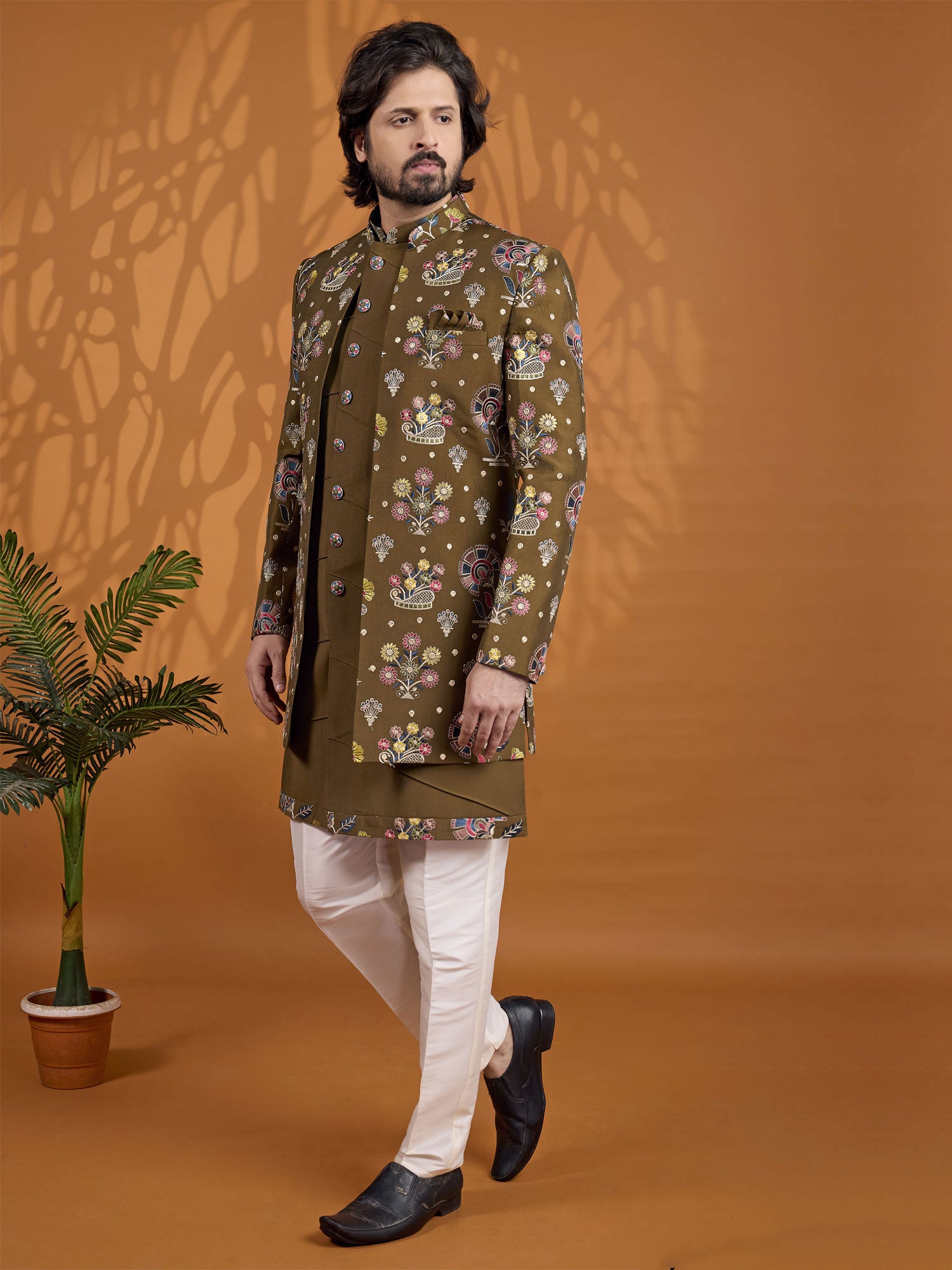 Brown Wedding Indo Western In Thread Embroidery