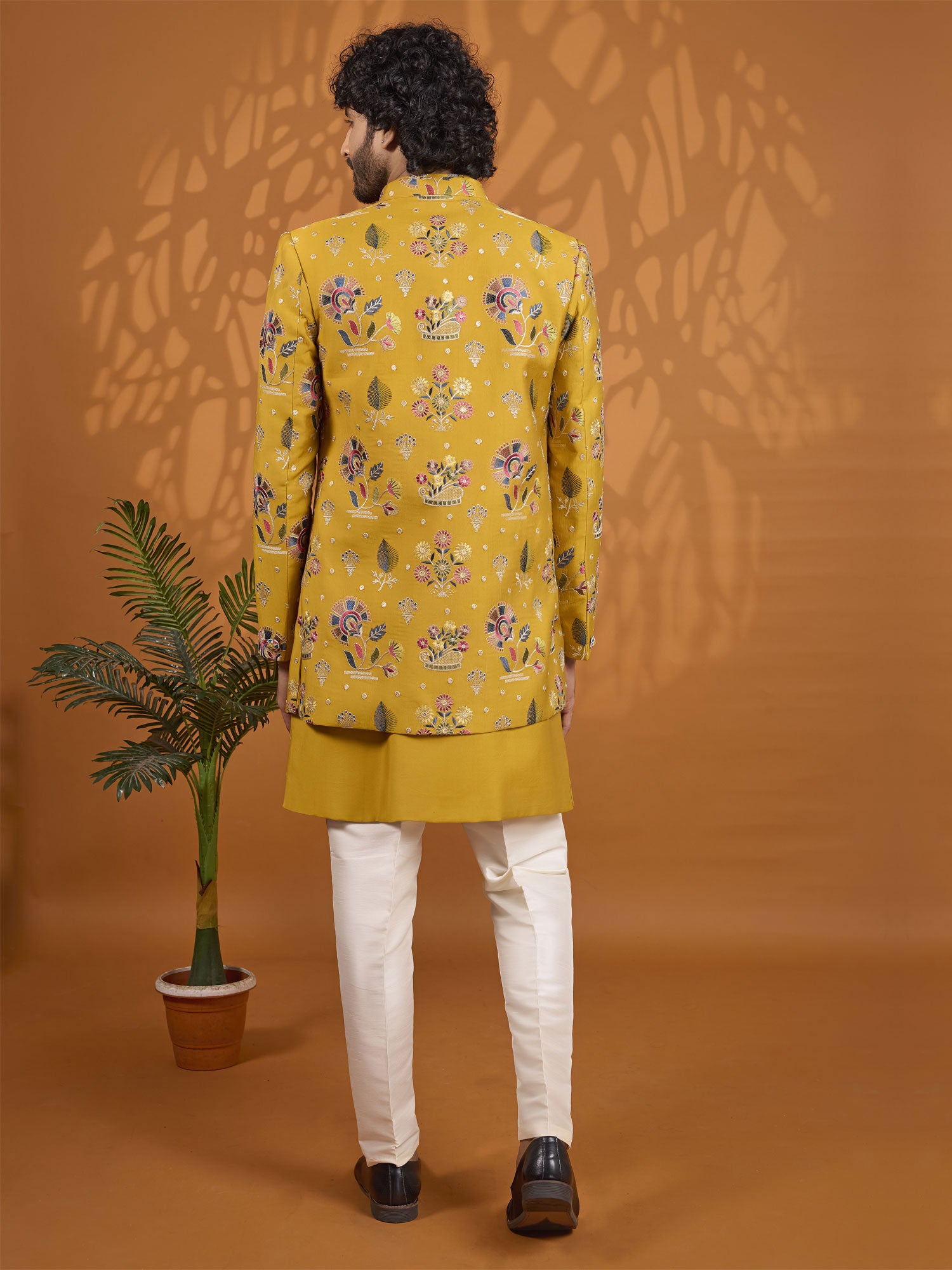 Yellow Art Silk Indo Western For Men's With Jacket