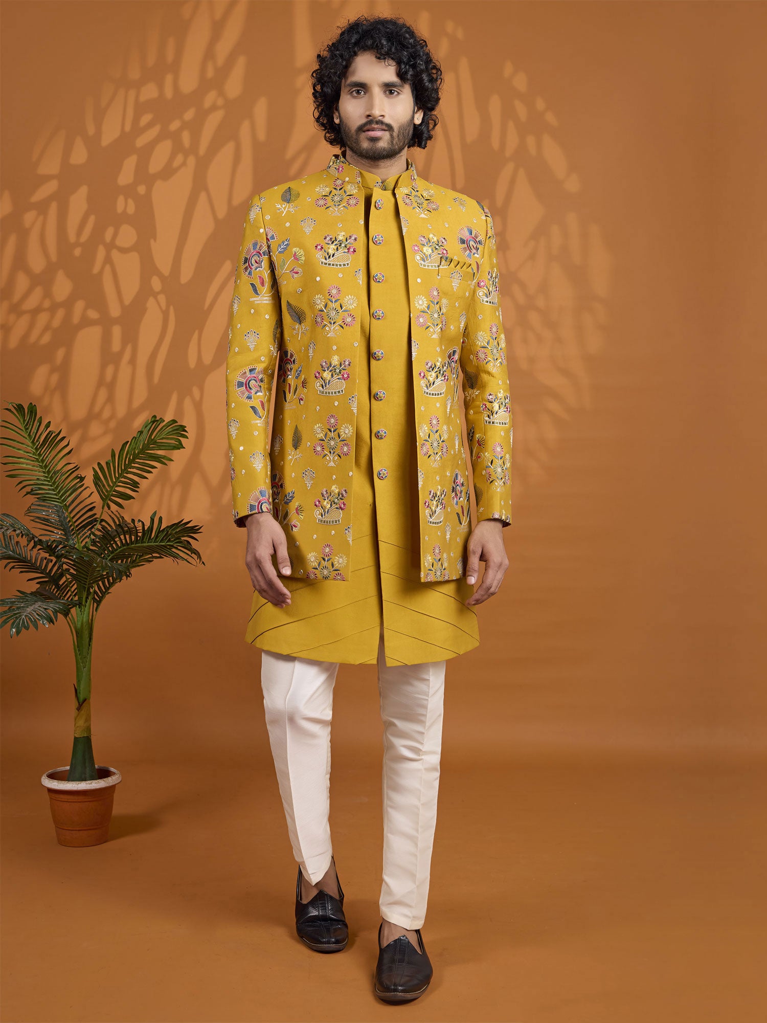 Yellow Art Silk Indo Western For Men's With Jacket