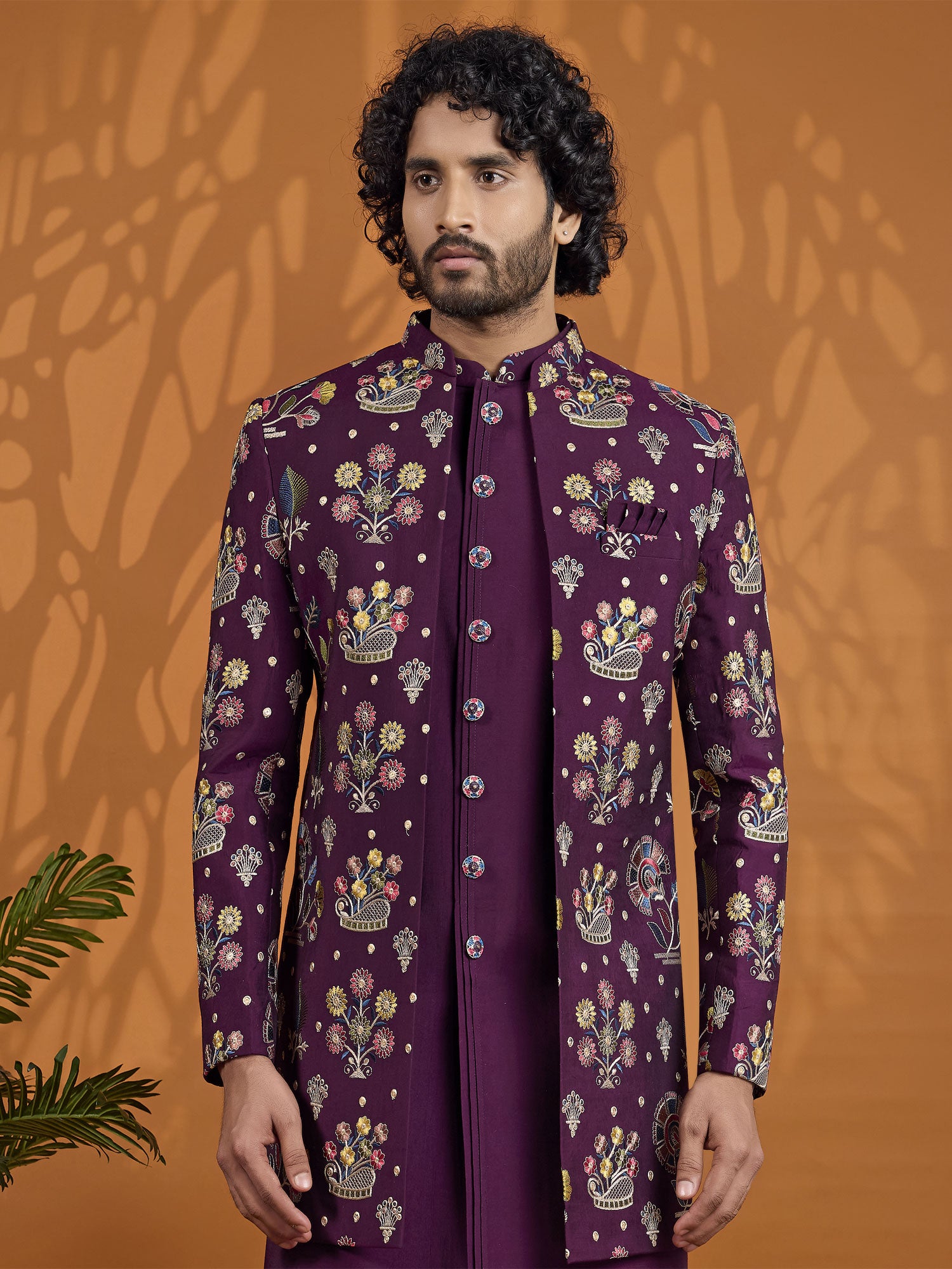 Dark Purple Thread Embellished Indo Western
